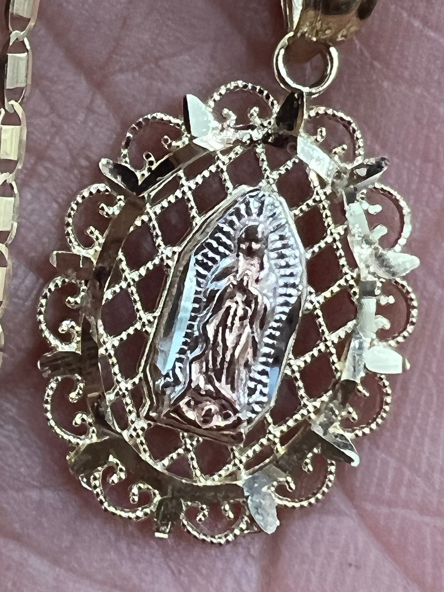 Gold Our Lady of Guadalupe Pendant , 14k Tri-color Gold Religious Our Lady of Guadalupe Pendant with 1.5mm Valentino D Cut Chain Necklace