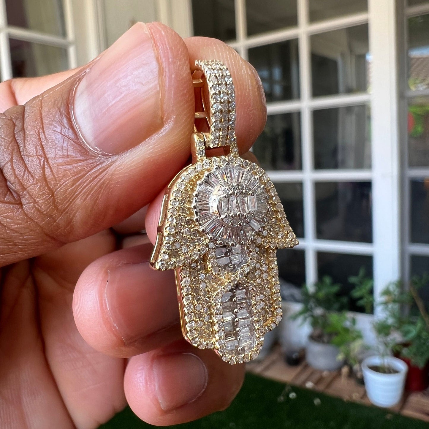 Real diamond hamsa pendant, good luck, evil eye, protection 10K Yellow Gold Diamond Hamsa Pendant 2" Charm 1.5 CT, hip hop hamsa