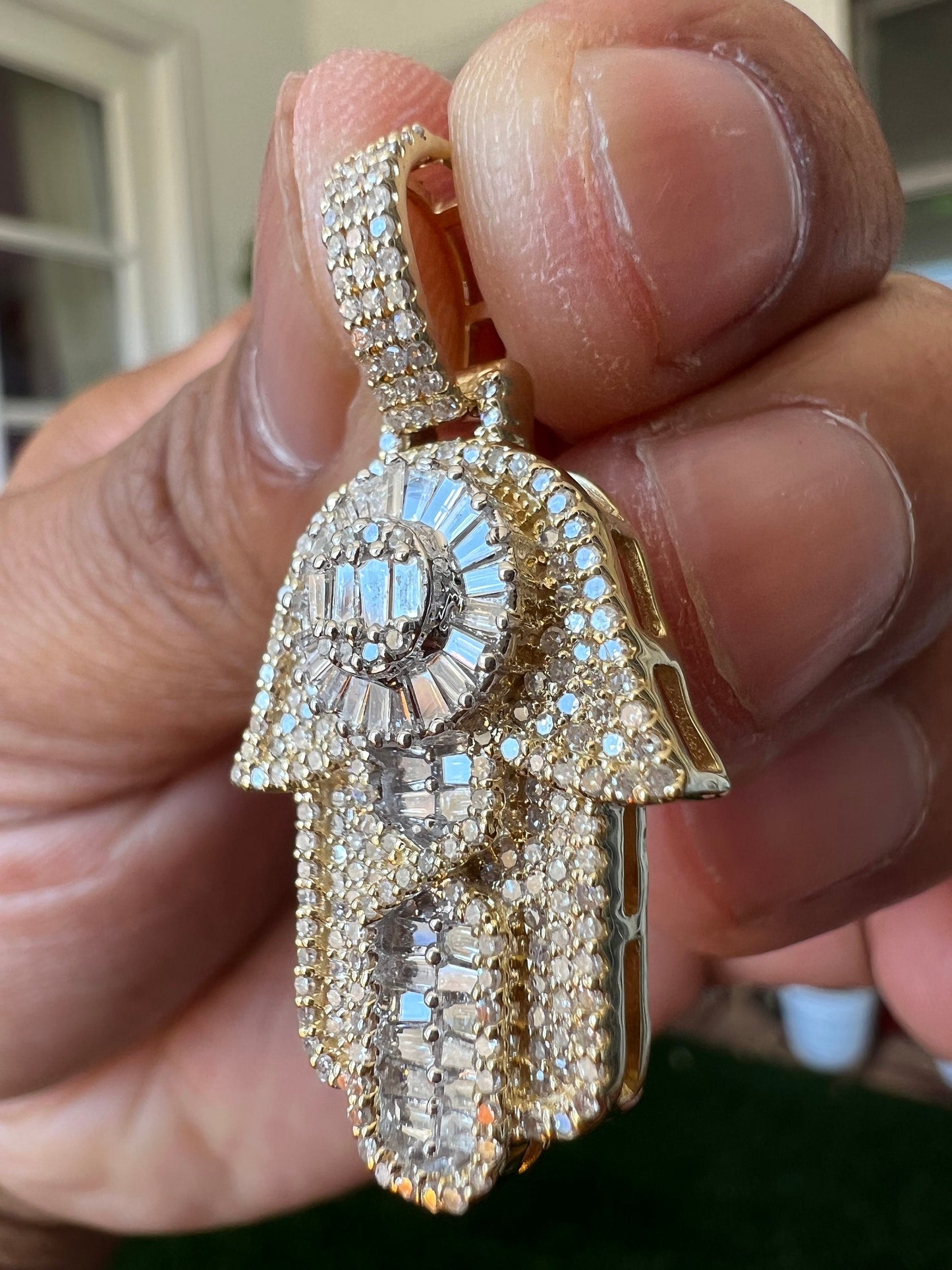 Real diamond hamsa pendant, good luck, evil eye, protection 10K Yellow Gold Diamond Hamsa Pendant 2" Charm 1.5 CT, hip hop hamsa