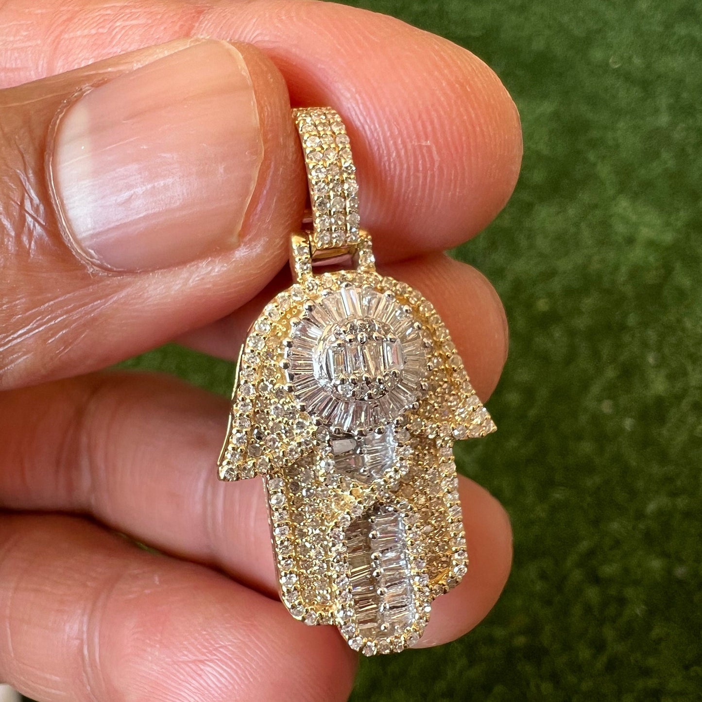 Real diamond hamsa pendant, good luck, evil eye, protection 10K Yellow Gold Diamond Hamsa Pendant 2" Charm 1.5 CT, hip hop hamsa