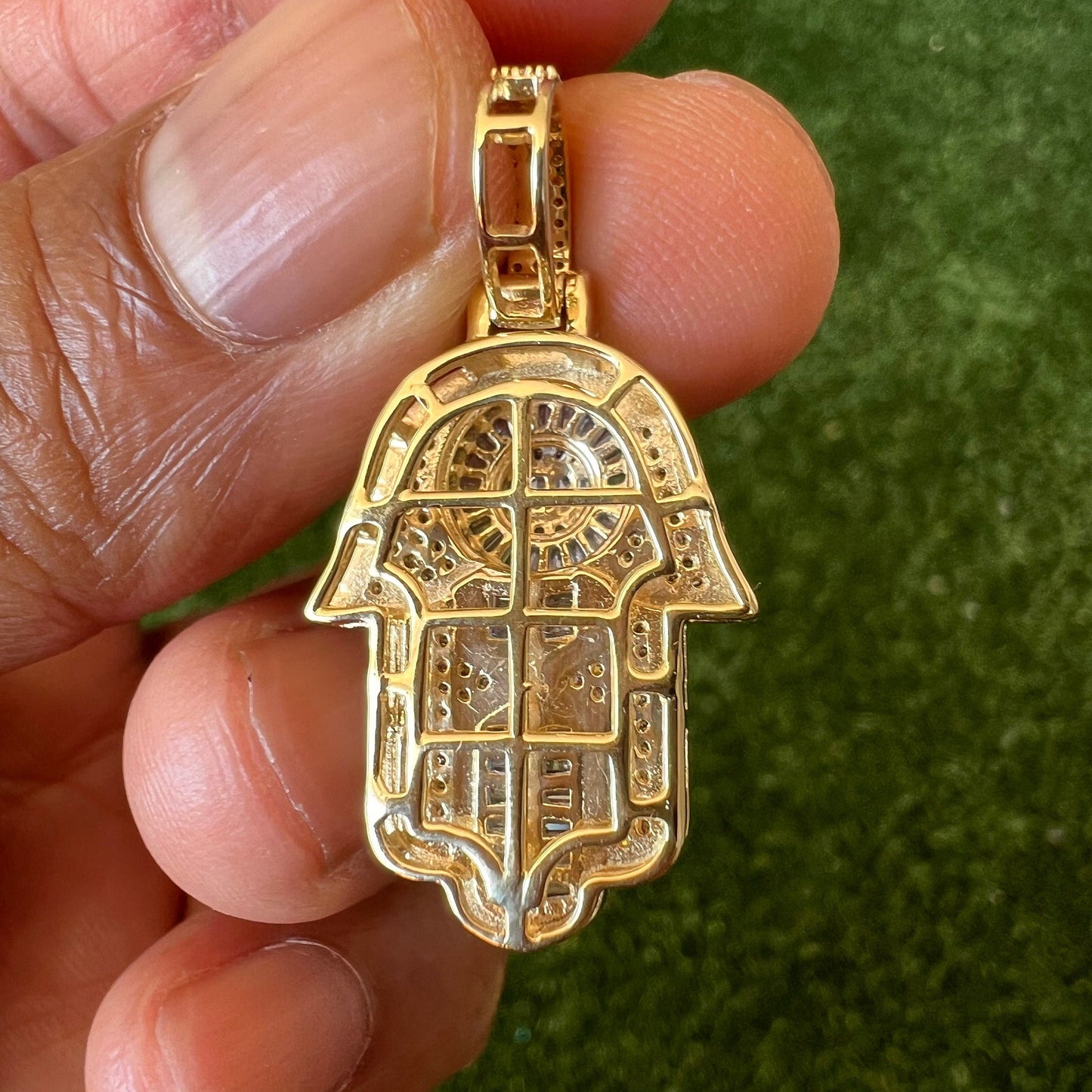Real diamond hamsa pendant, good luck, evil eye, protection 10K Yellow Gold Diamond Hamsa Pendant 2" Charm 1.5 CT, hip hop hamsa