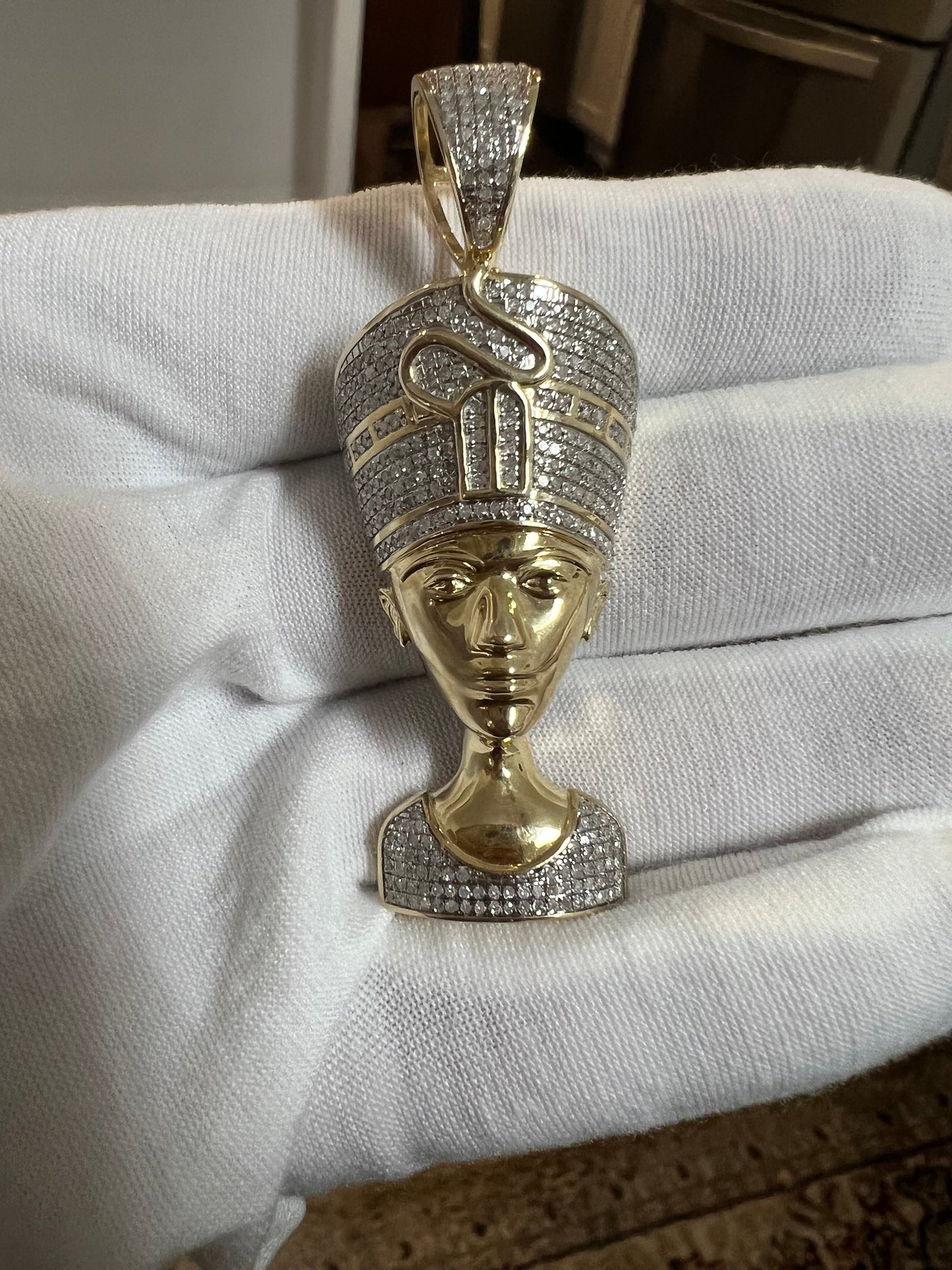 Real Genuine Authentic Diamond Egyptian Queen Nefertiti Charm Pendant, Round Cut Diamond in 10K Yellow Gold Charm Pendant