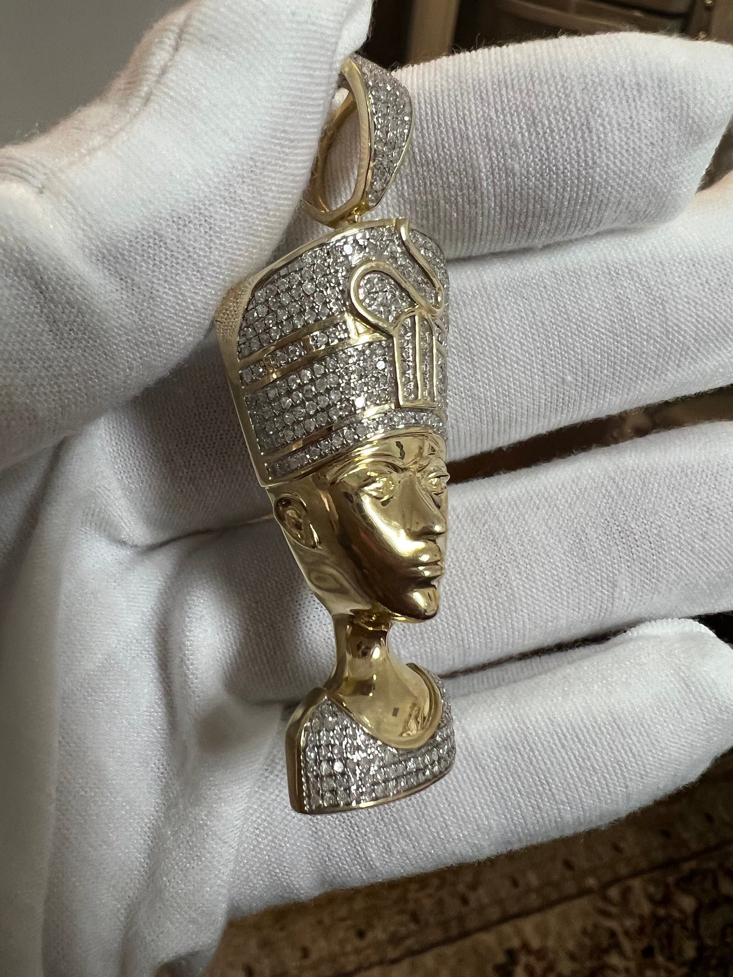 Real Genuine Authentic Diamond Egyptian Queen Nefertiti Charm Pendant, Round Cut Diamond in 10K Yellow Gold Charm Pendant