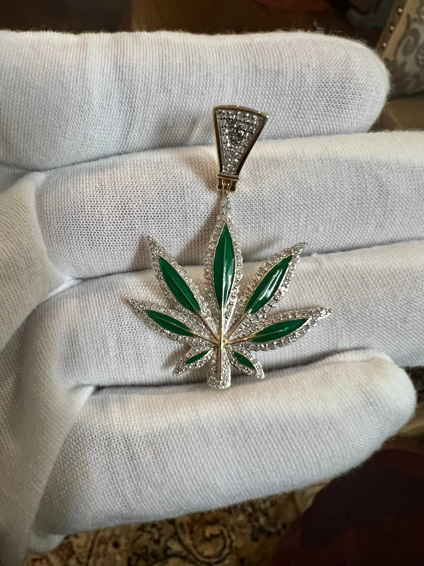 Real Diamond Marijuana Necklace, 10k yellow gold vermeil Marijuana Pendant, Cannabis Pendant, Ganja Weed Charm,