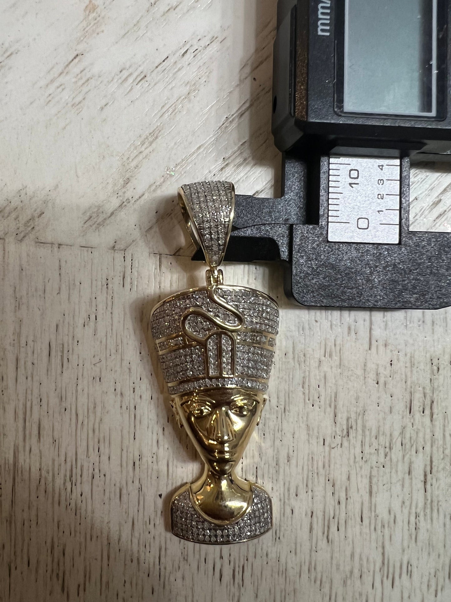 Real Genuine Authentic Diamond Egyptian Queen Nefertiti Charm Pendant, Round Cut Diamond in 10K Yellow Gold Charm Pendant