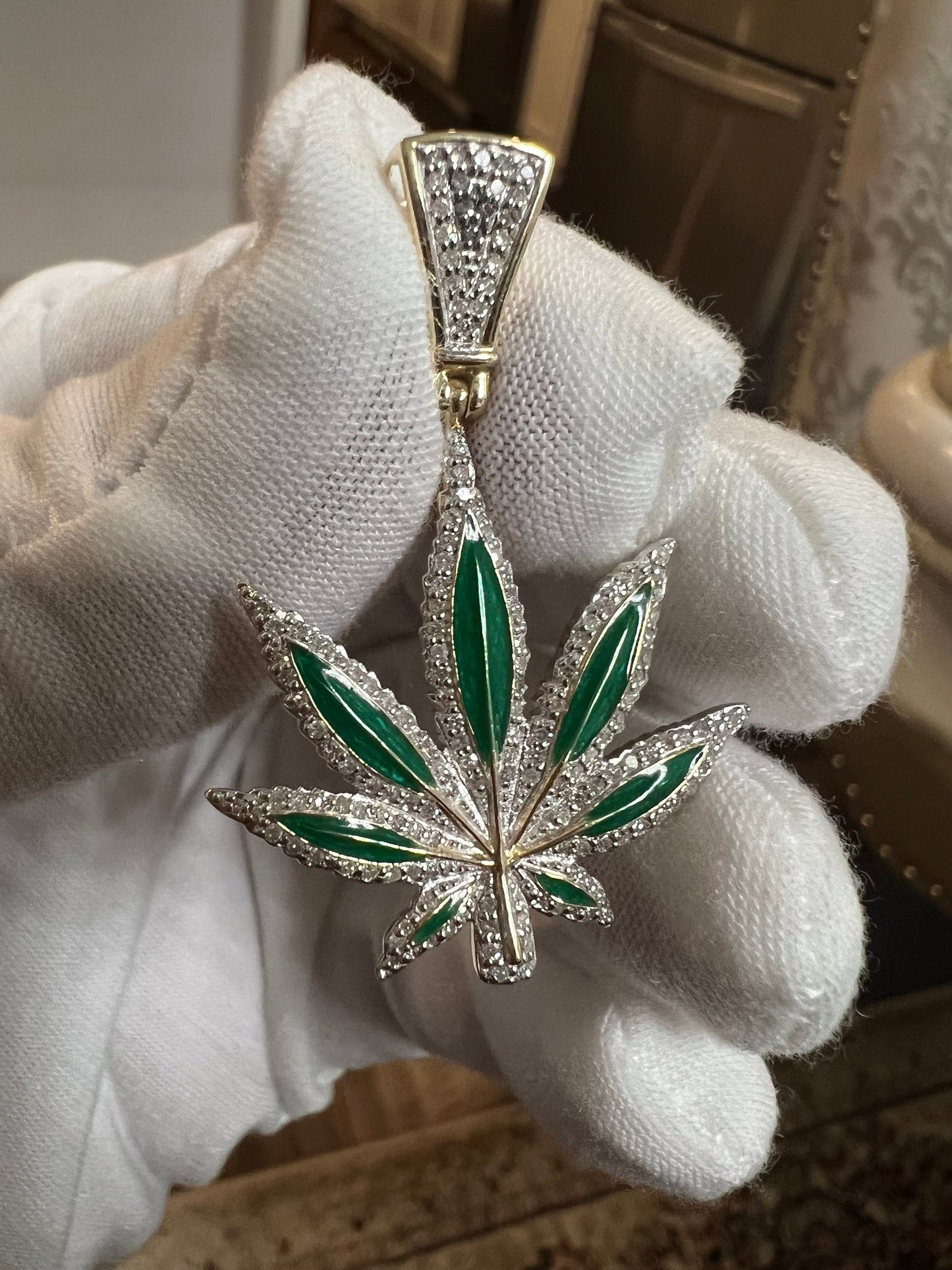 Real Diamond Marijuana Necklace, 10k yellow gold vermeil Marijuana Pendant, Cannabis Pendant, Ganja Weed Charm,
