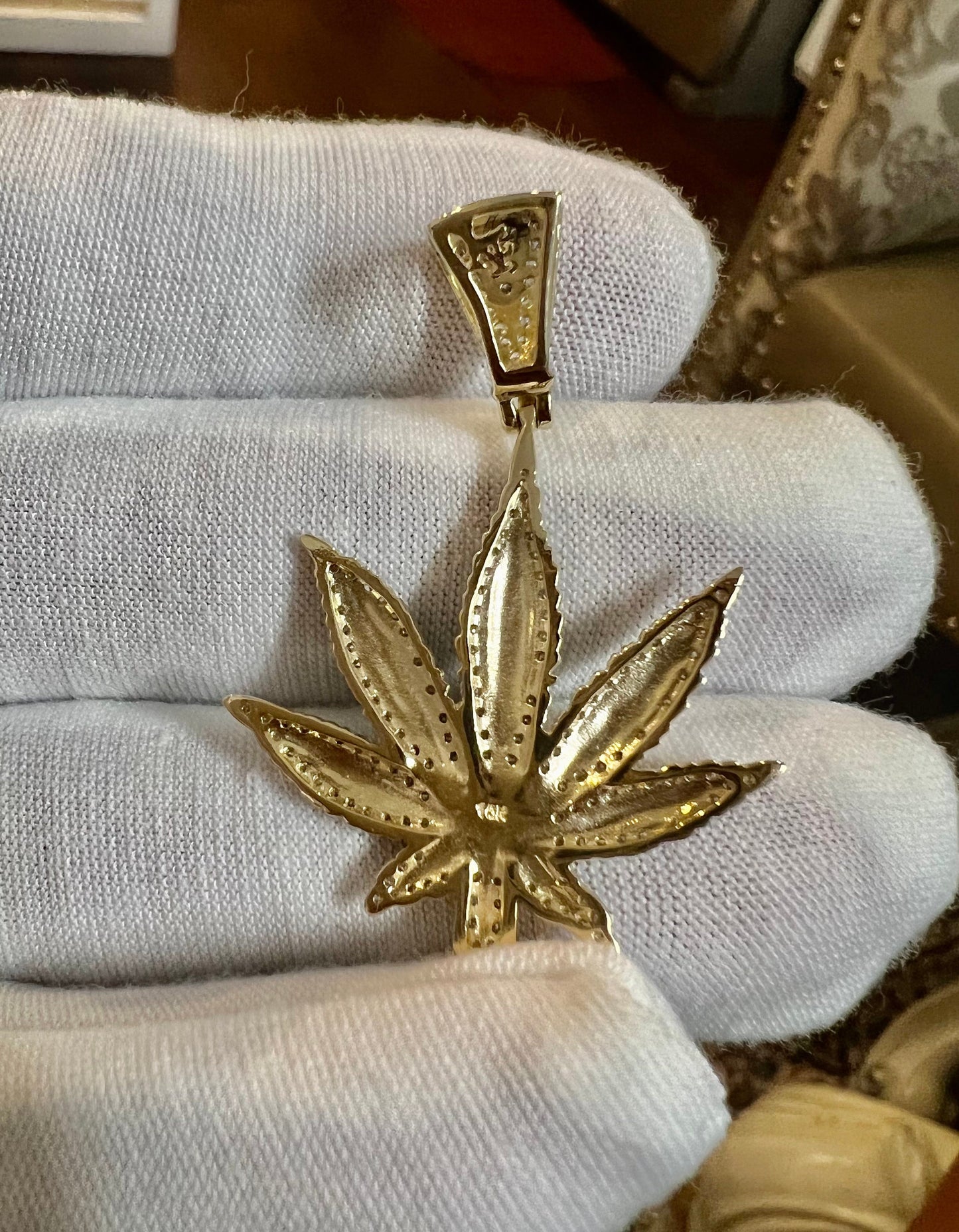 Real Diamond Marijuana Necklace, 10k yellow gold vermeil Marijuana Pendant, Cannabis Pendant, Ganja Weed Charm,