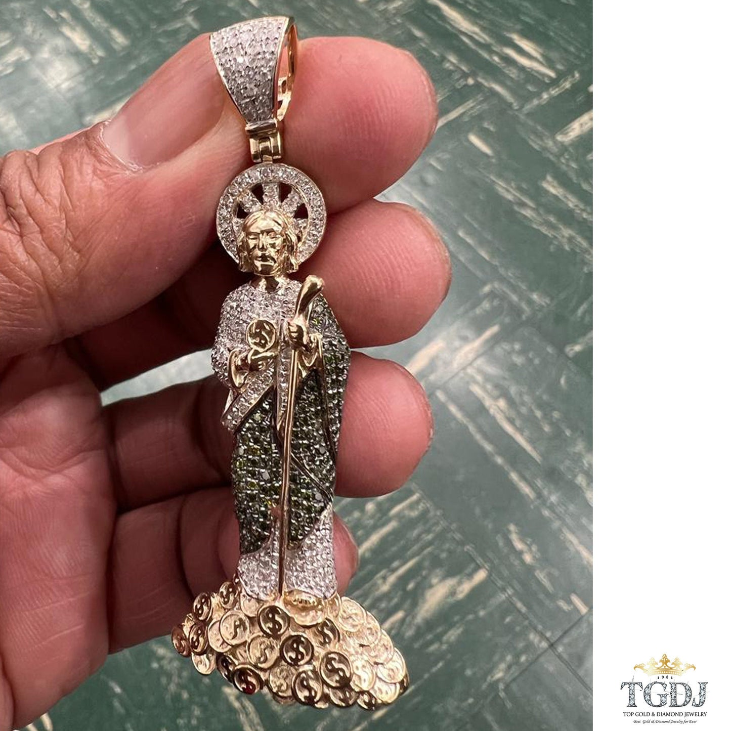 St. Jude San Judas Tadeo Diamond Pendant in Micro-Pave-Setting, 10k White Gold - Patron Saint Catholic Spiritual Jewelry, Gift for Himd