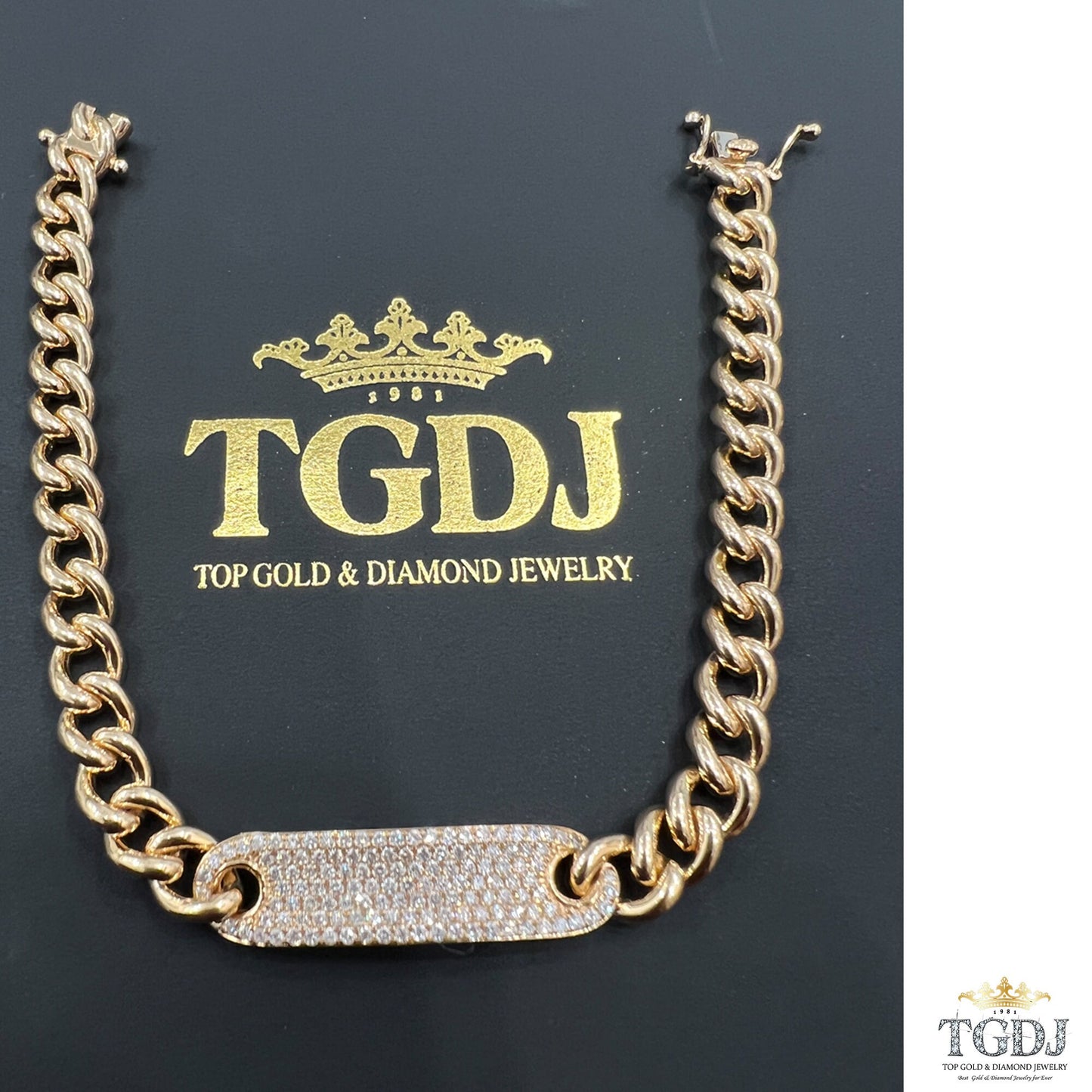 14k Gold Curb Link Diamond Pave Bracelet/ 6MM Cuban Chain Bracelet / Diamond ID Bracelet / Diamond Bar Bracelet for women