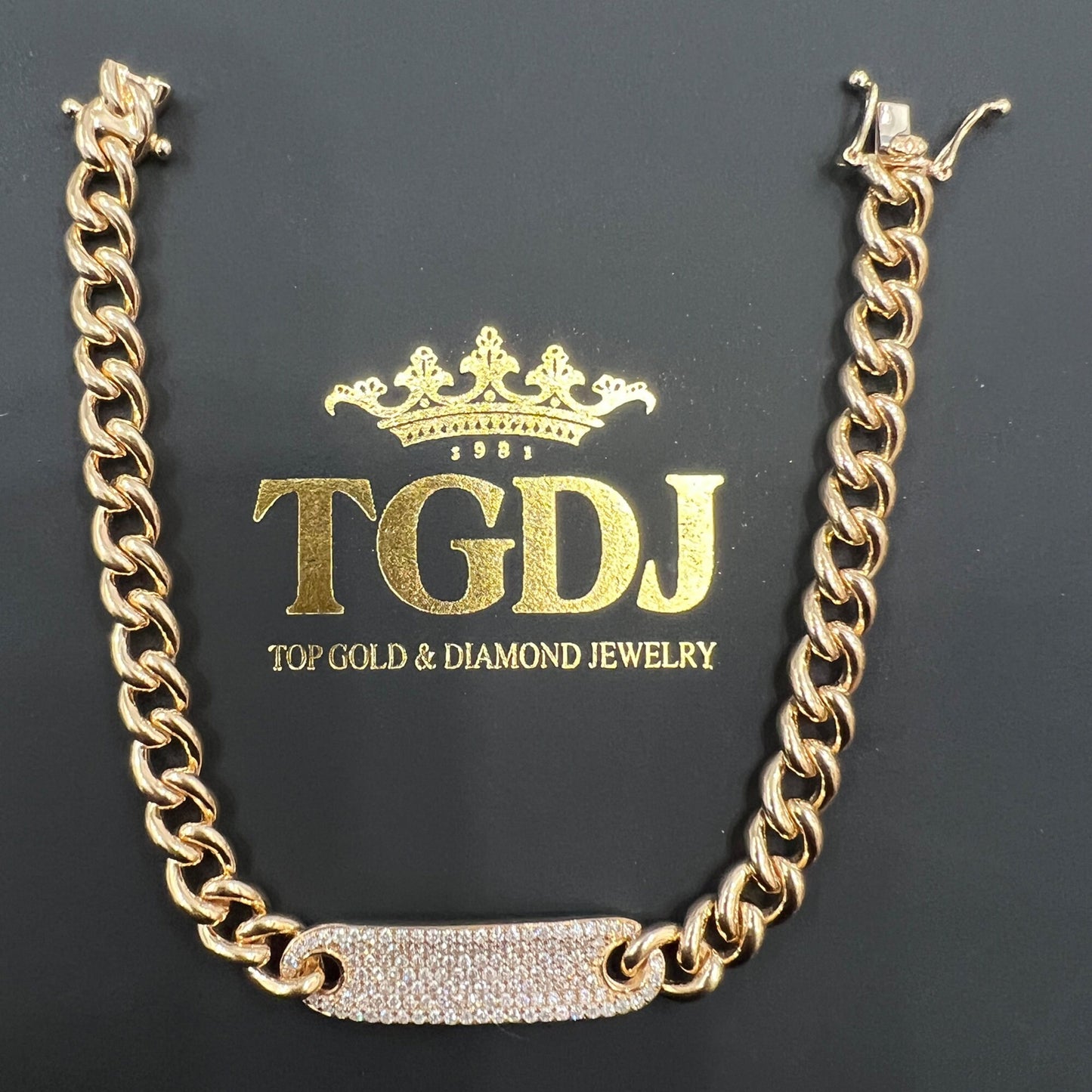 14k Gold Curb Link Diamond Pave Bracelet/ 6MM Cuban Chain Bracelet / Diamond ID Bracelet / Diamond Bar Bracelet for women