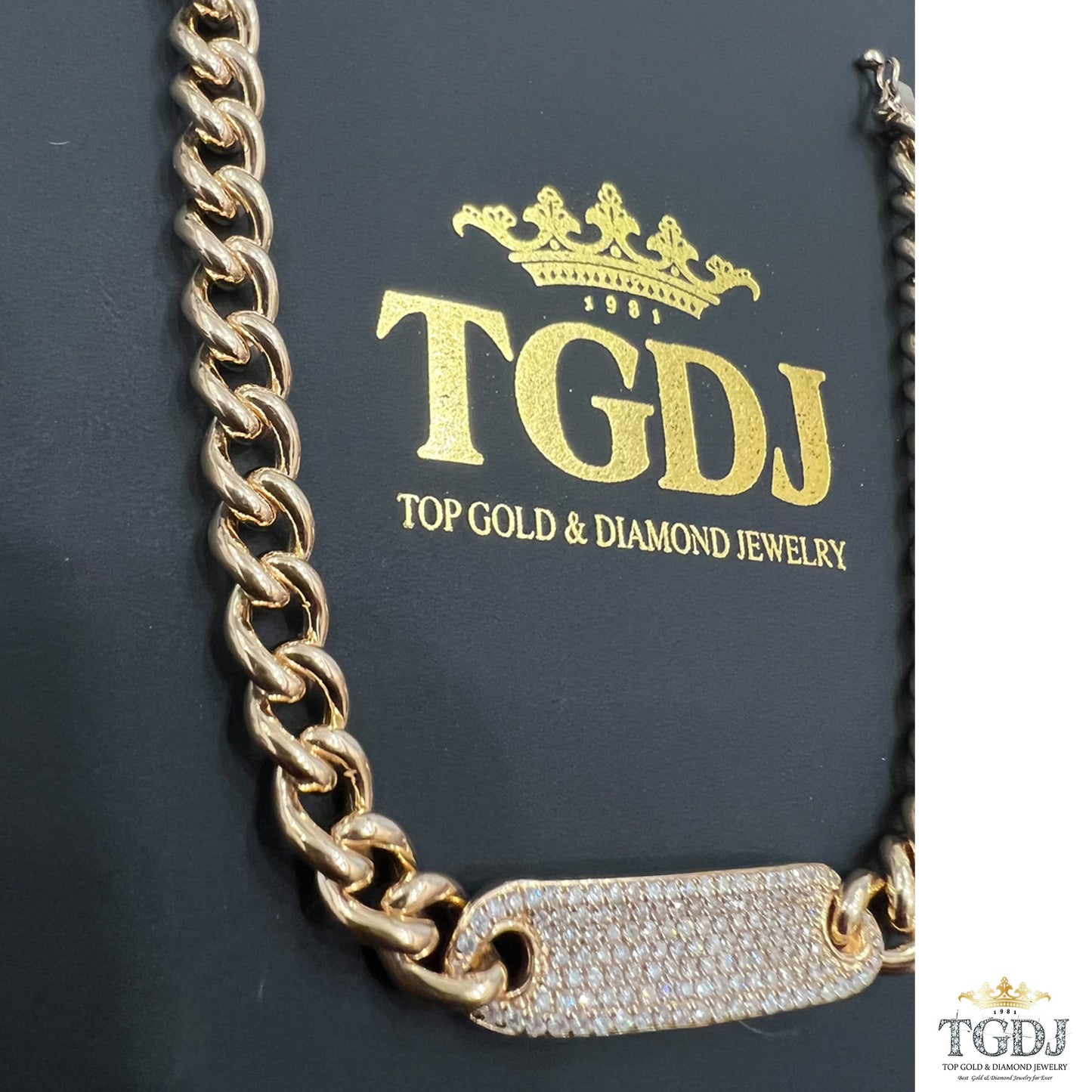 14k Gold Curb Link Diamond Pave Bracelet/ 6MM Cuban Chain Bracelet / Diamond ID Bracelet / Diamond Bar Bracelet for women
