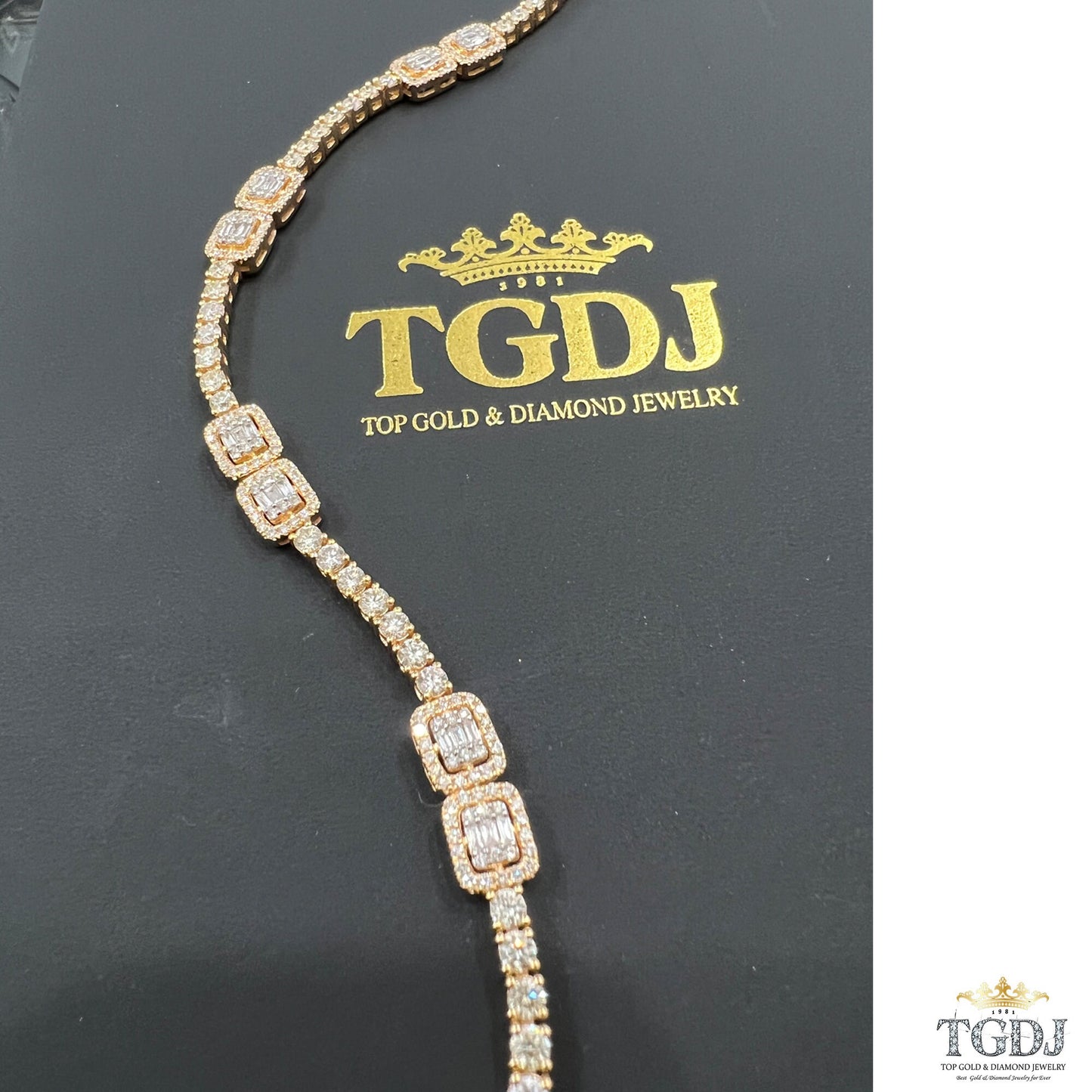 14k Yellow Gold Genuine Natural 3.31ct Diamond Tennis Bracelet Baguette & Round Diamond Charm Diamond Bracelet | Exclusive Design for Women