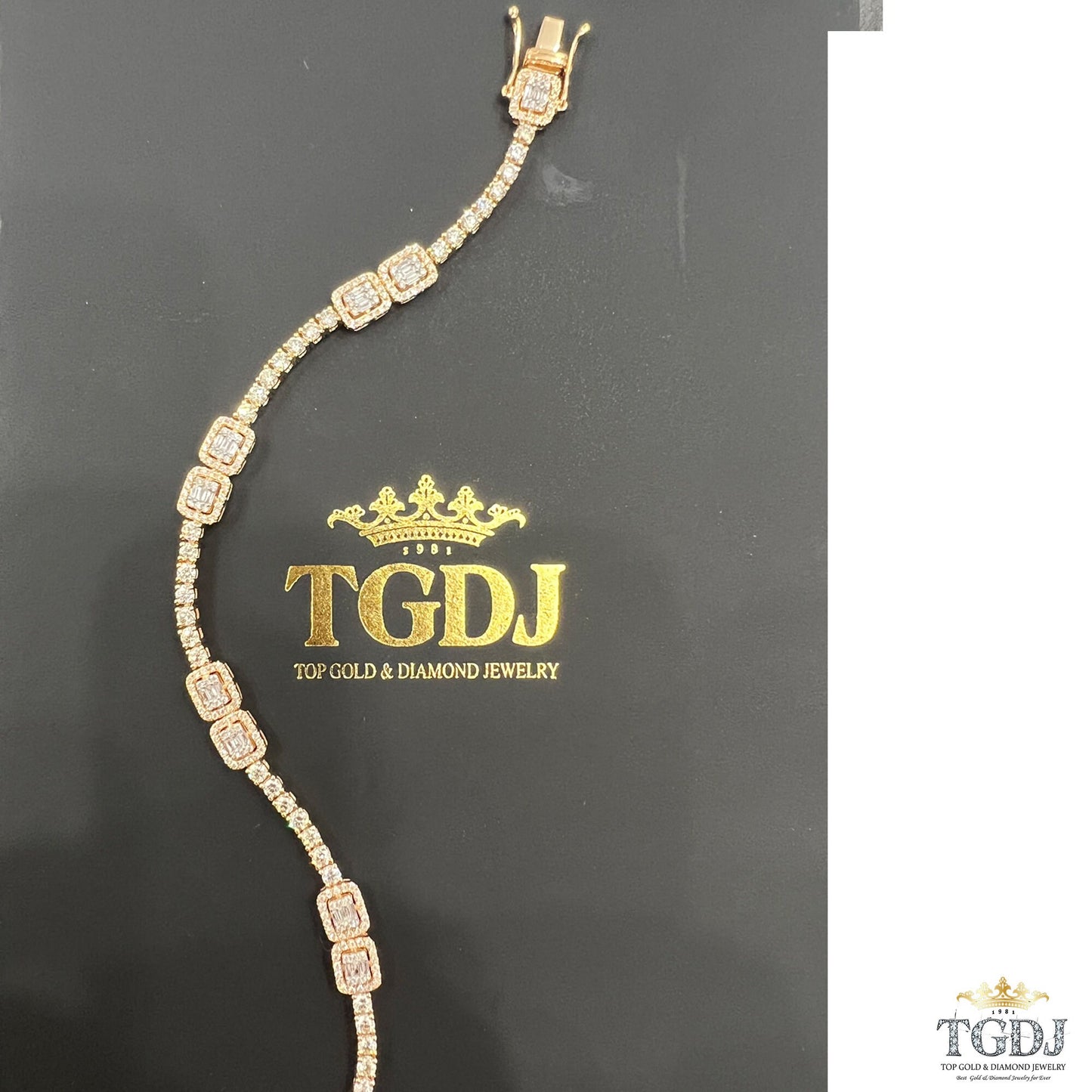 14k Yellow Gold Genuine Natural 3.31ct Diamond Tennis Bracelet Baguette & Round Diamond Charm Diamond Bracelet | Exclusive Design for Women