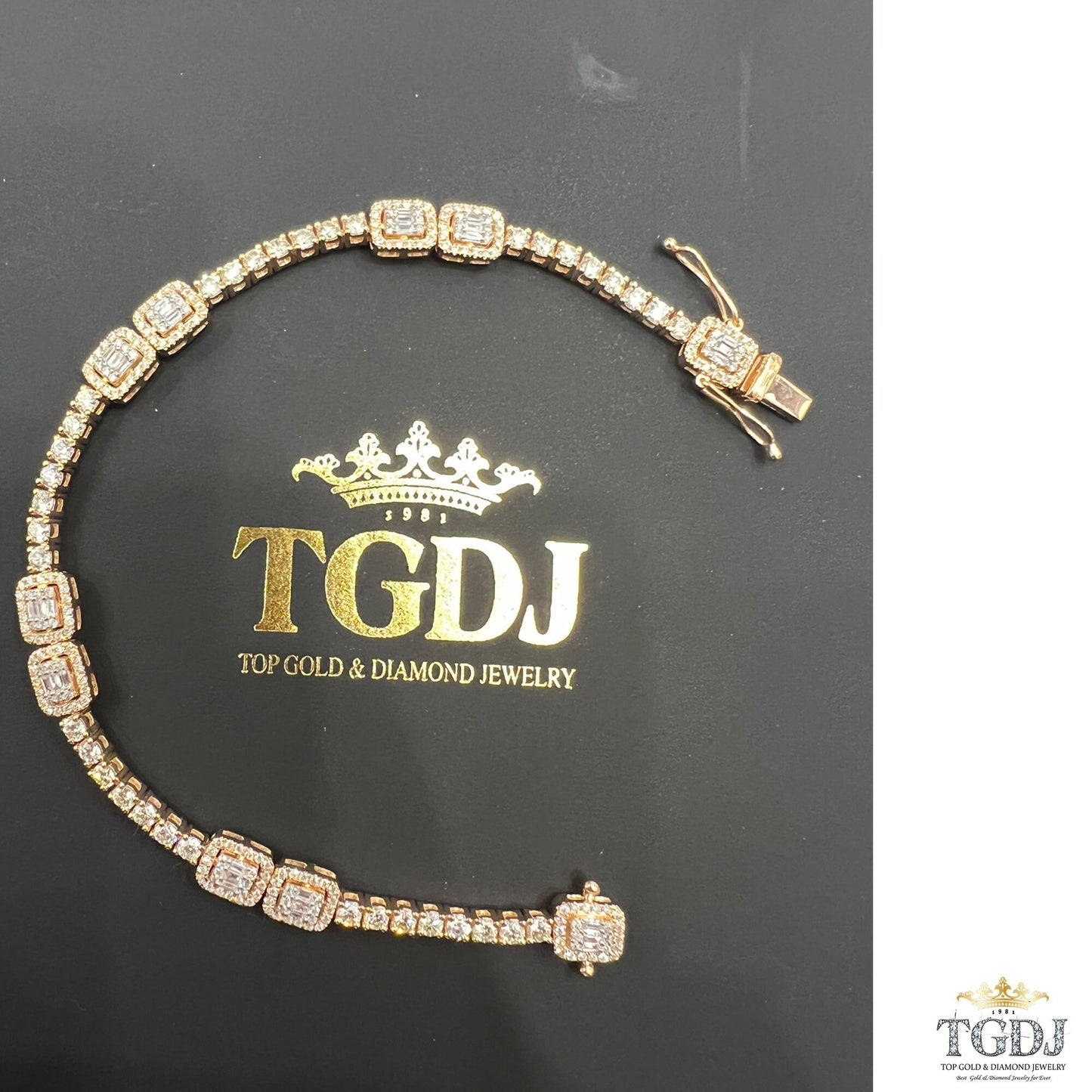 14k Yellow Gold Genuine Natural 3.31ct Diamond Tennis Bracelet Baguette & Round Diamond Charm Diamond Bracelet | Exclusive Design for Women