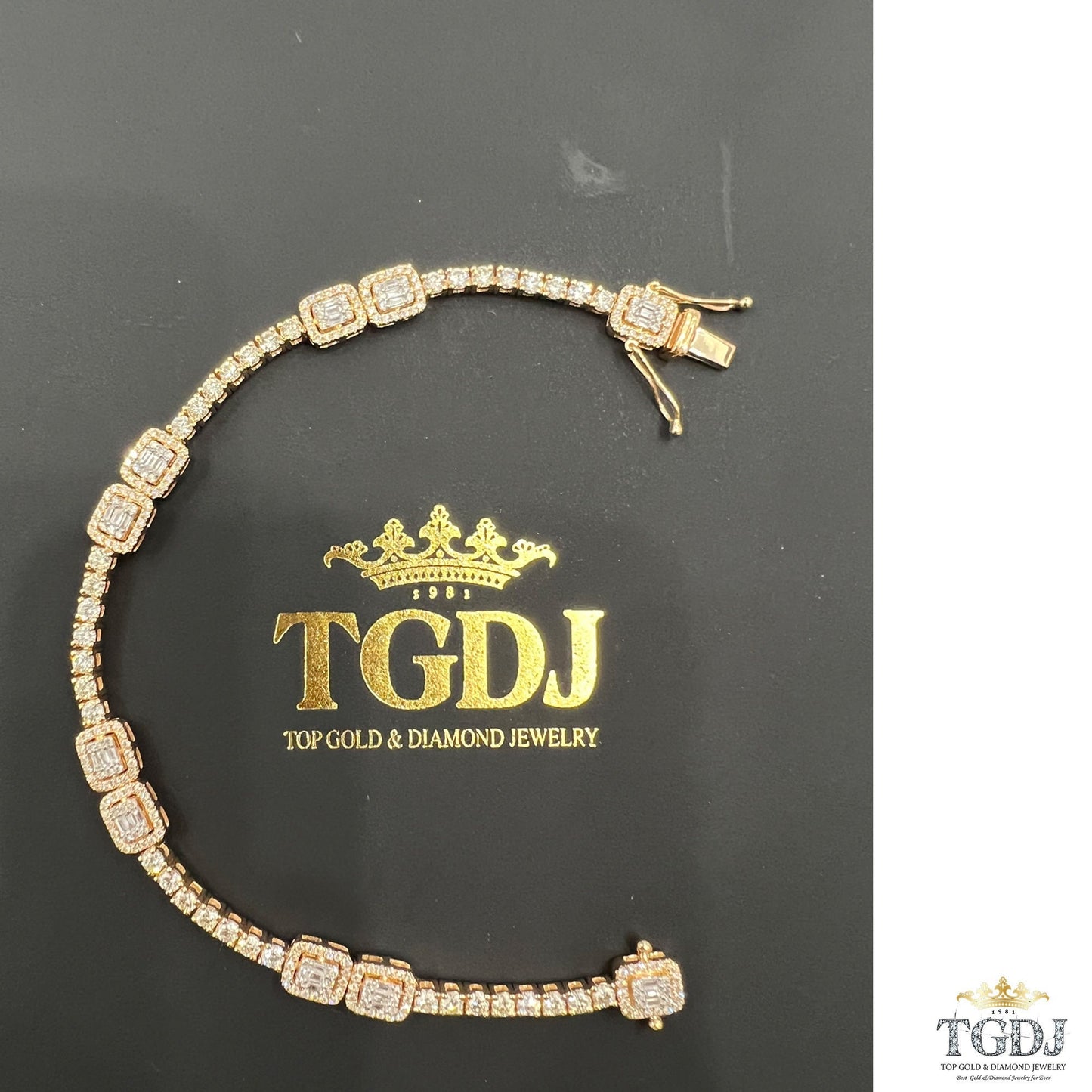 14k Yellow Gold Genuine Natural 3.31ct Diamond Tennis Bracelet Baguette & Round Diamond Charm Diamond Bracelet | Exclusive Design for Women
