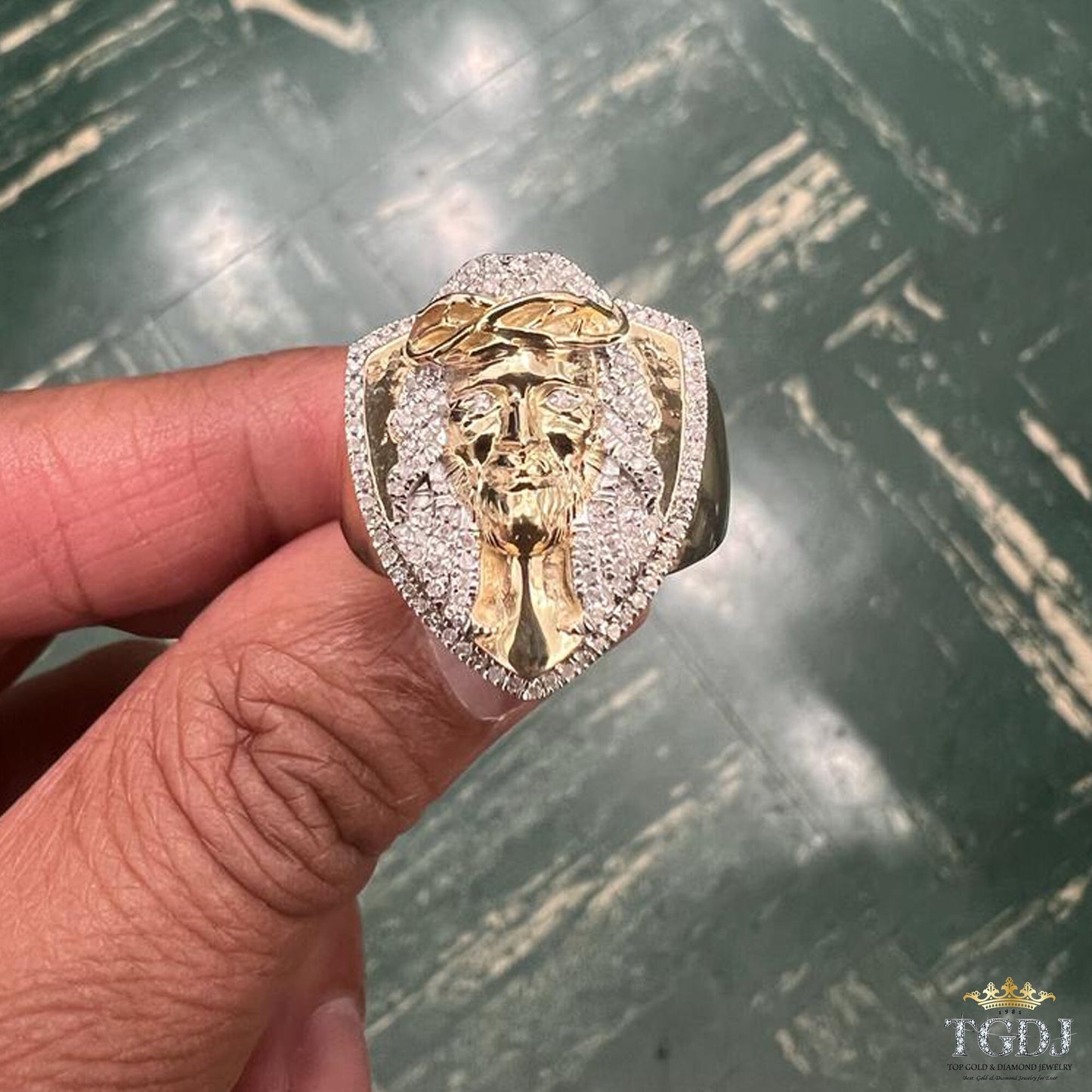 10k Yellow Gold Signet Christ Jesus 0.24 ct Diamond Mens Ring , Christian ,Christian Gift Jewelry ,Religious Relief Jesus Gift Mens Rings