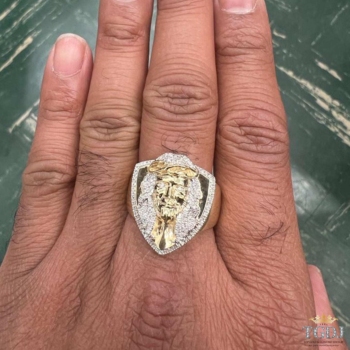 10k Yellow Gold Signet Christ Jesus 0.24 ct Diamond Mens Ring , Christian ,Christian Gift Jewelry ,Religious Relief Jesus Gift Mens Rings