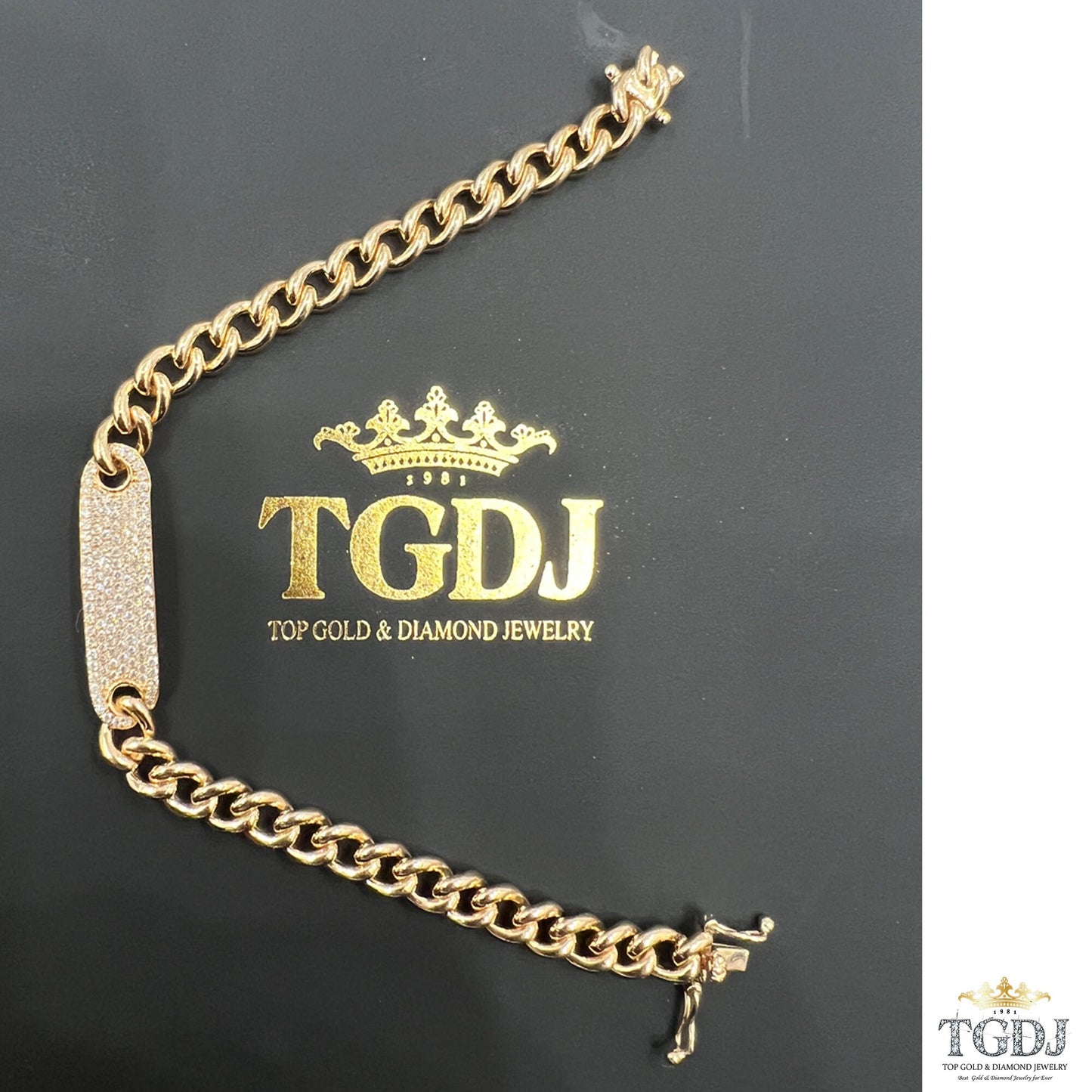 14k Gold Curb Link Diamond Pave Bracelet/ 6MM Cuban Chain Bracelet / Diamond ID Bracelet / Diamond Bar Bracelet for women