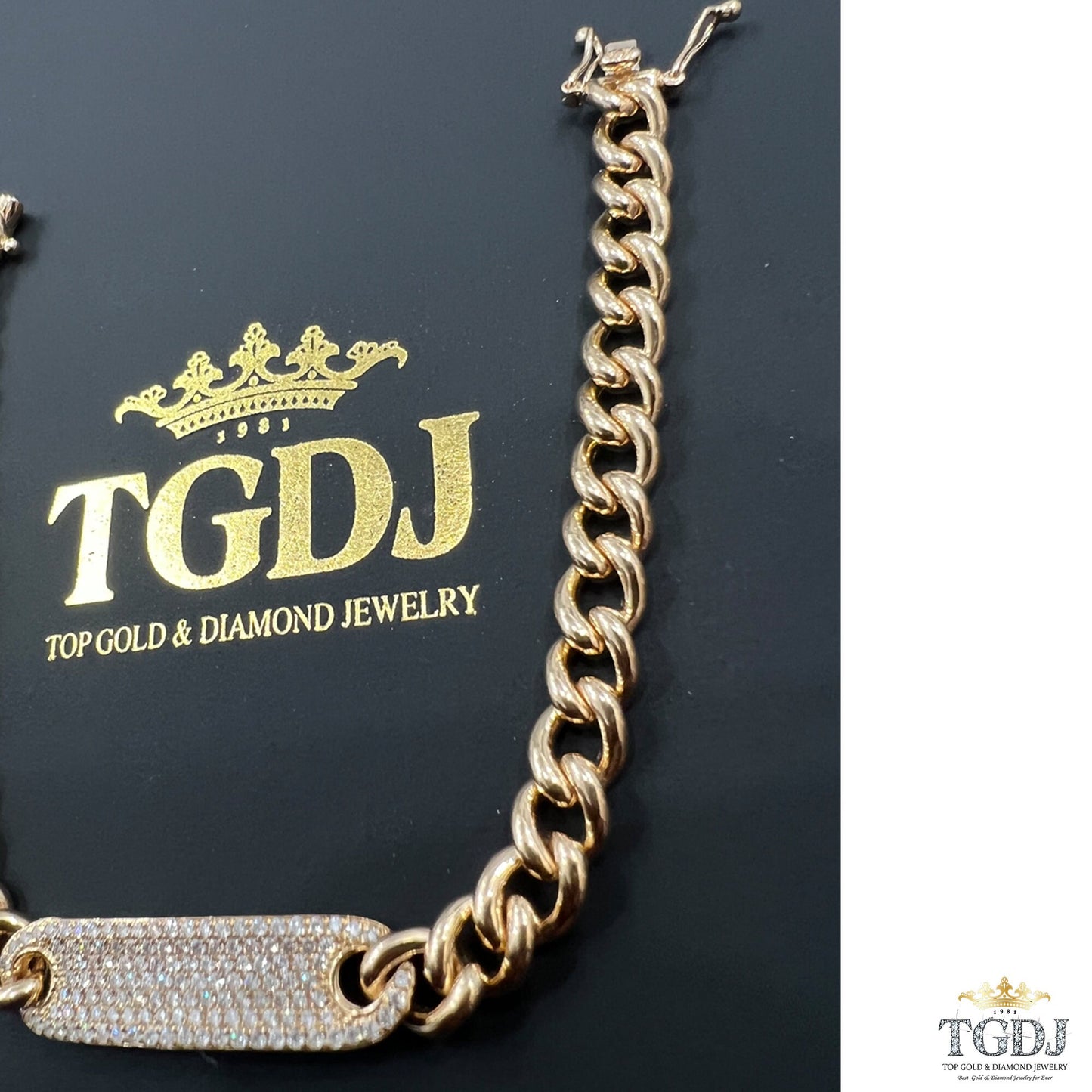 14k Gold Curb Link Diamond Pave Bracelet/ 6MM Cuban Chain Bracelet / Diamond ID Bracelet / Diamond Bar Bracelet for women
