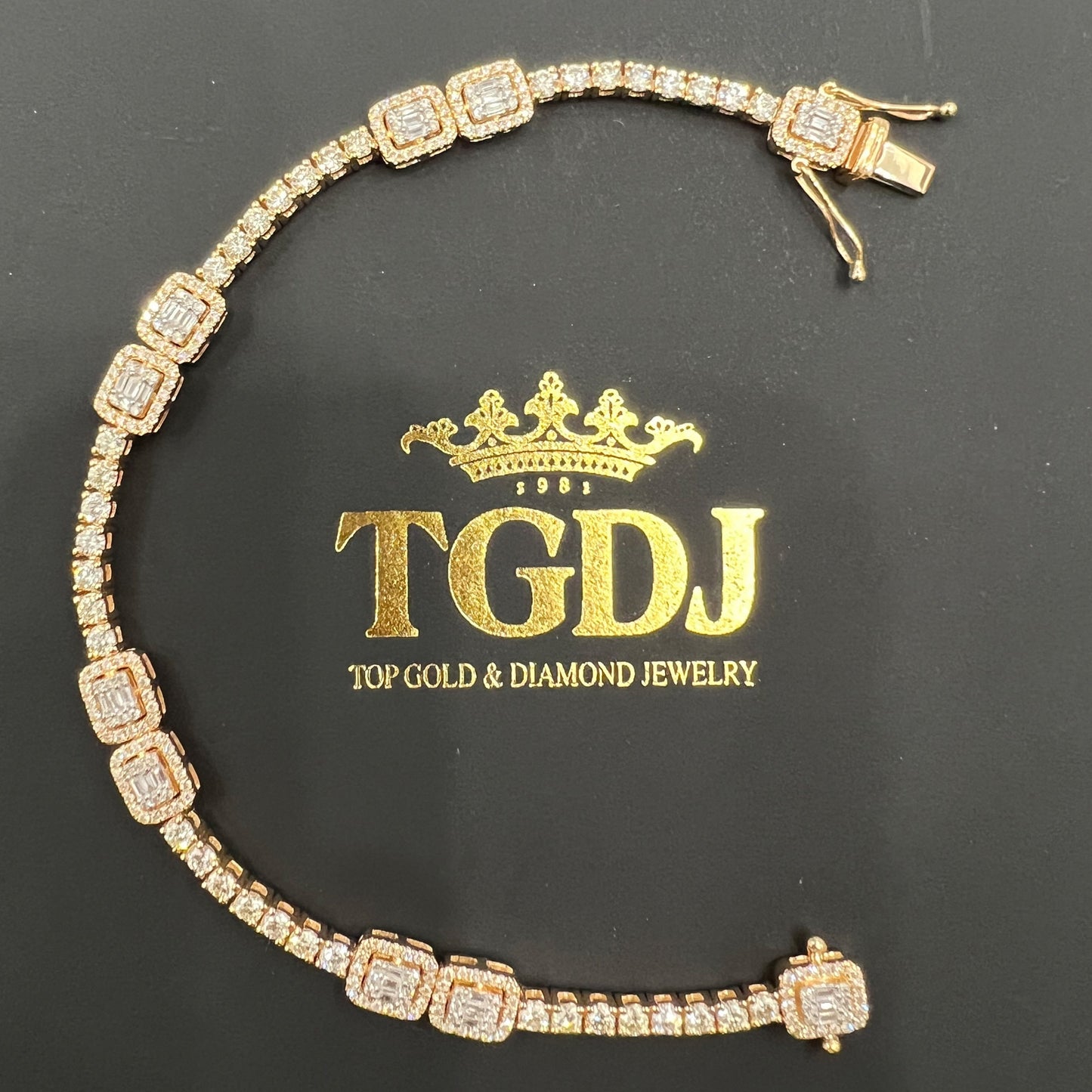 14k Yellow Gold Genuine Natural 3.31ct Diamond Tennis Bracelet Baguette & Round Diamond Charm Diamond Bracelet | Exclusive Design for Women