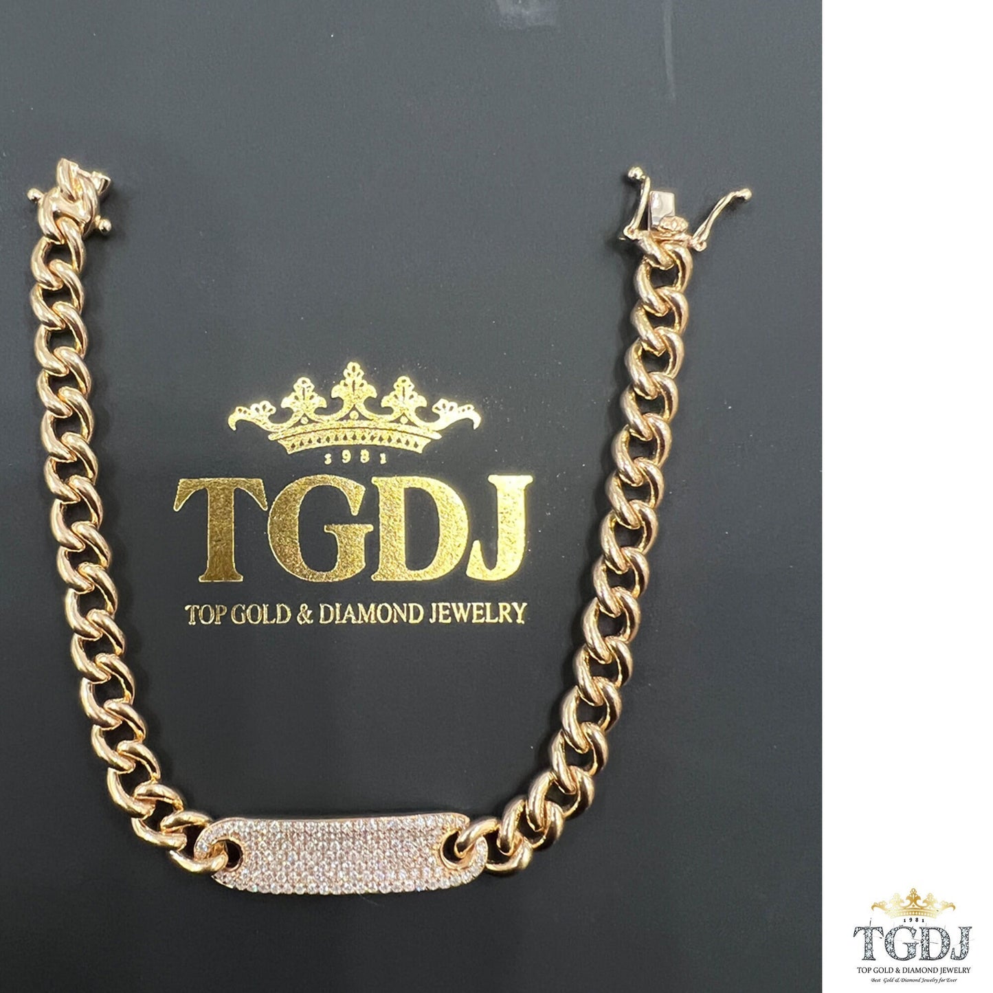 14k Gold Curb Link Diamond Pave Bracelet/ 6MM Cuban Chain Bracelet / Diamond ID Bracelet / Diamond Bar Bracelet for women