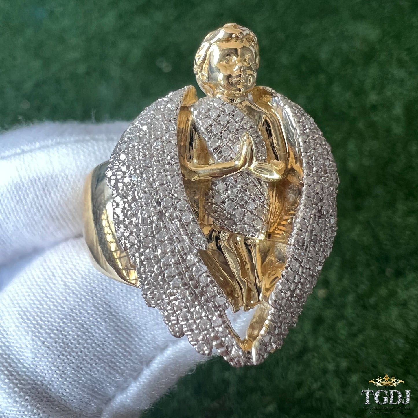 10K Solid Yellow Gold Diamond Ring for Men, Praying Angel Band Ring, Angel Signet Mens Ring, Praying Angel Ring, Statement Ring Gift for Him