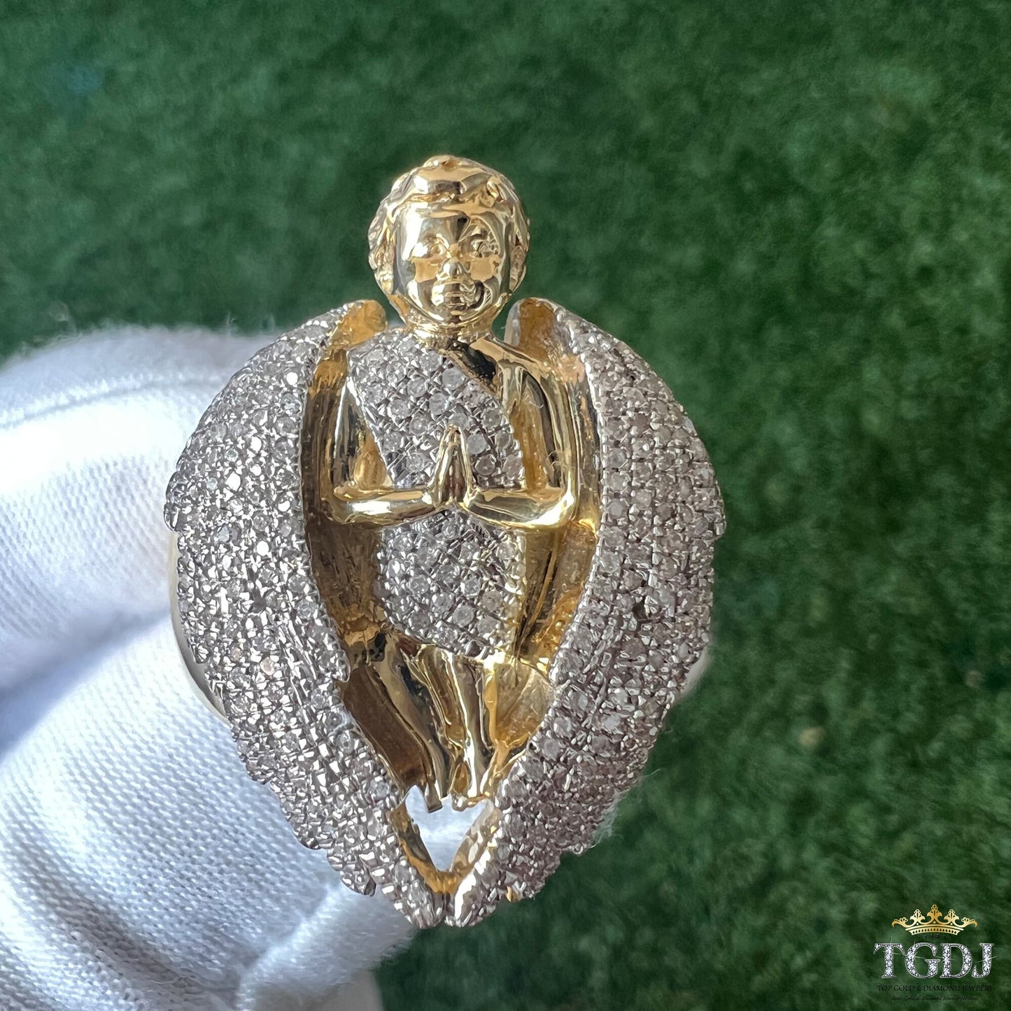10K Solid Yellow Gold Diamond Ring for Men, Praying Angel Band Ring, Angel Signet Mens Ring, Praying Angel Ring, Statement Ring Gift for Him