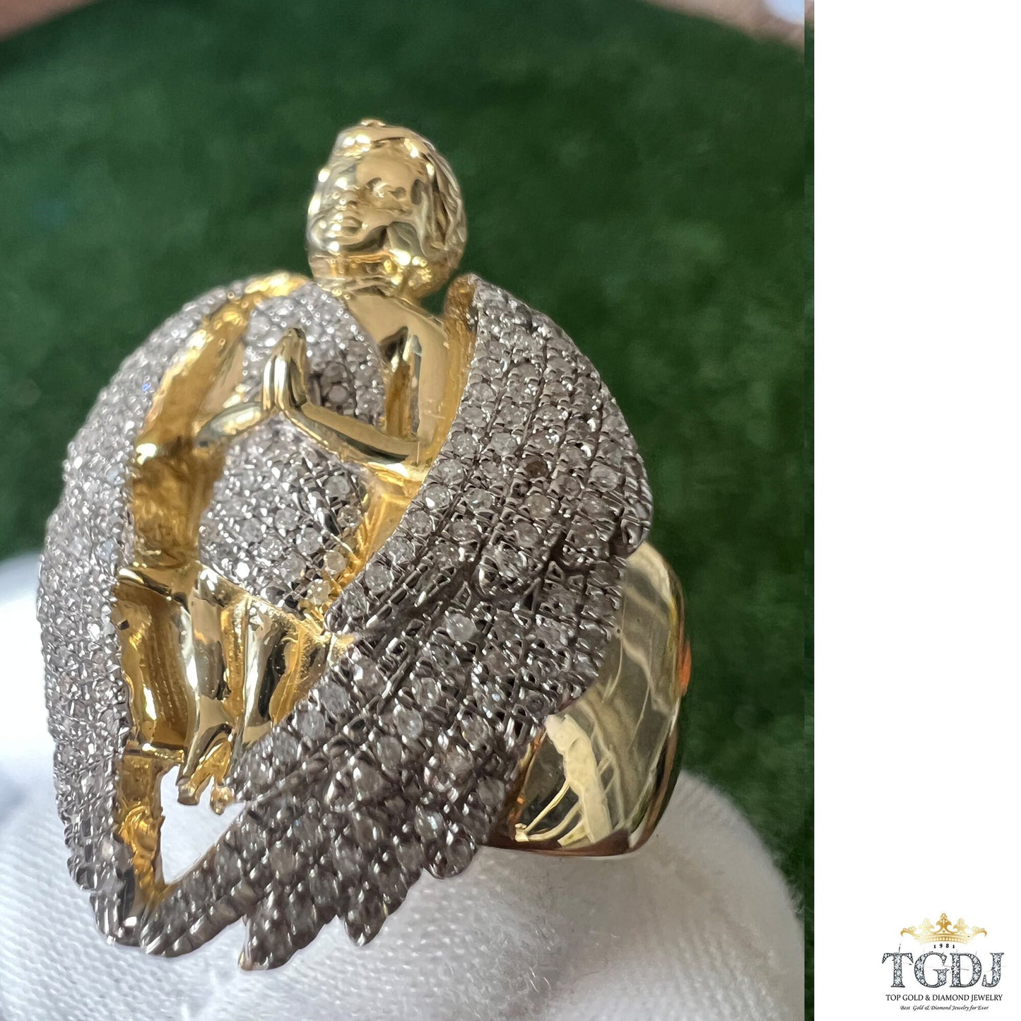 10K Solid Yellow Gold Diamond Ring for Men, Praying Angel Band Ring, Angel Signet Mens Ring, Praying Angel Ring, Statement Ring Gift for Him