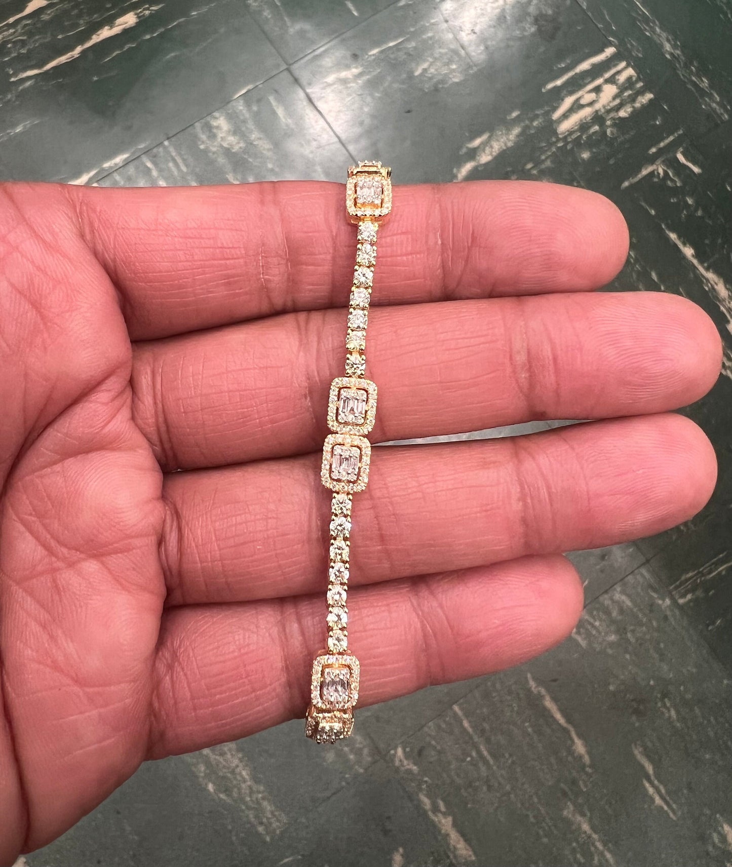 14k Yellow Gold Genuine Natural 3.31ct Diamond Tennis Bracelet Baguette & Round Diamond Charm Diamond Bracelet | Exclusive Design for Women