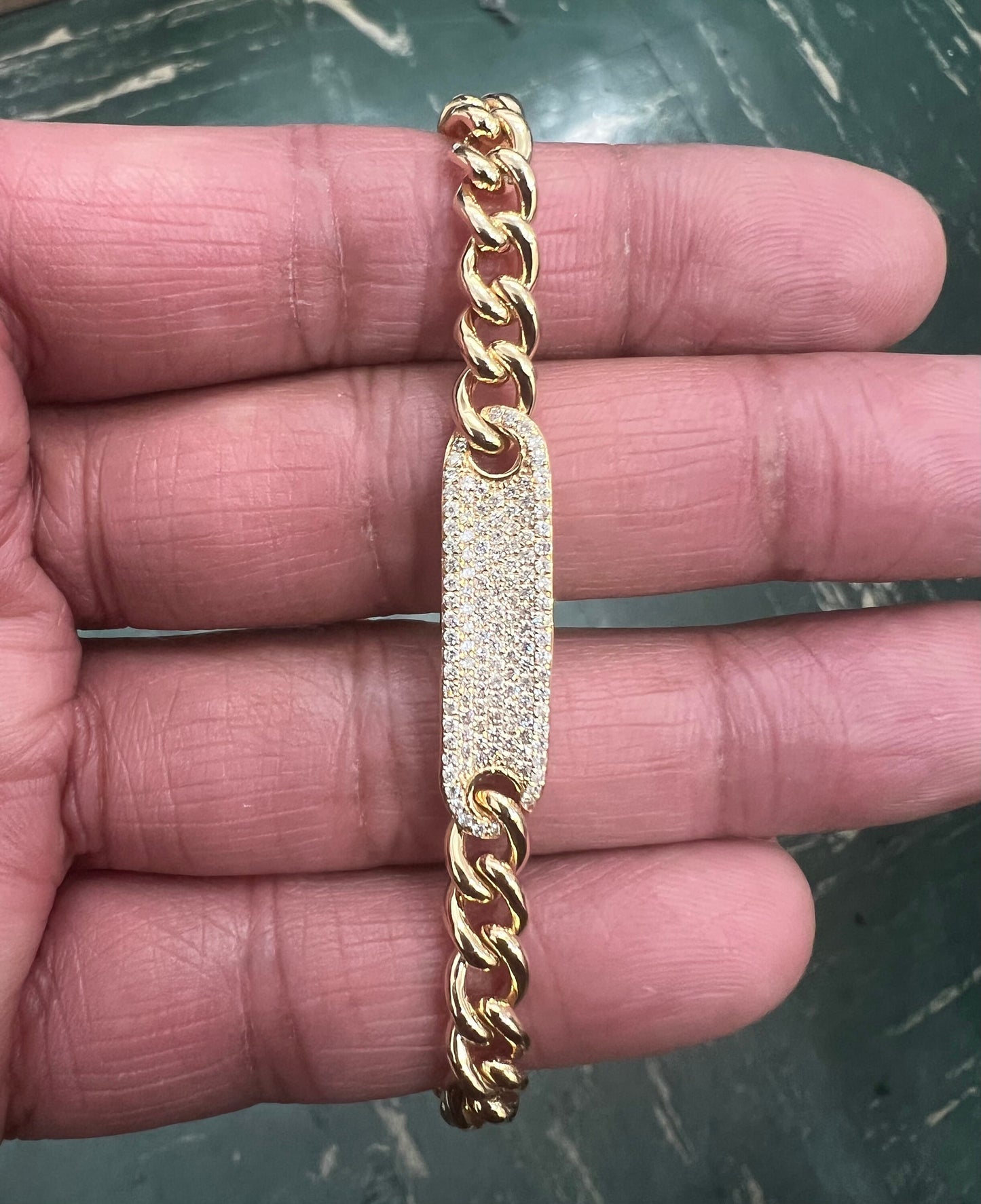 14k Gold Curb Link Diamond Pave Bracelet/ 6MM Cuban Chain Bracelet / Diamond ID Bracelet / Diamond Bar Bracelet for women