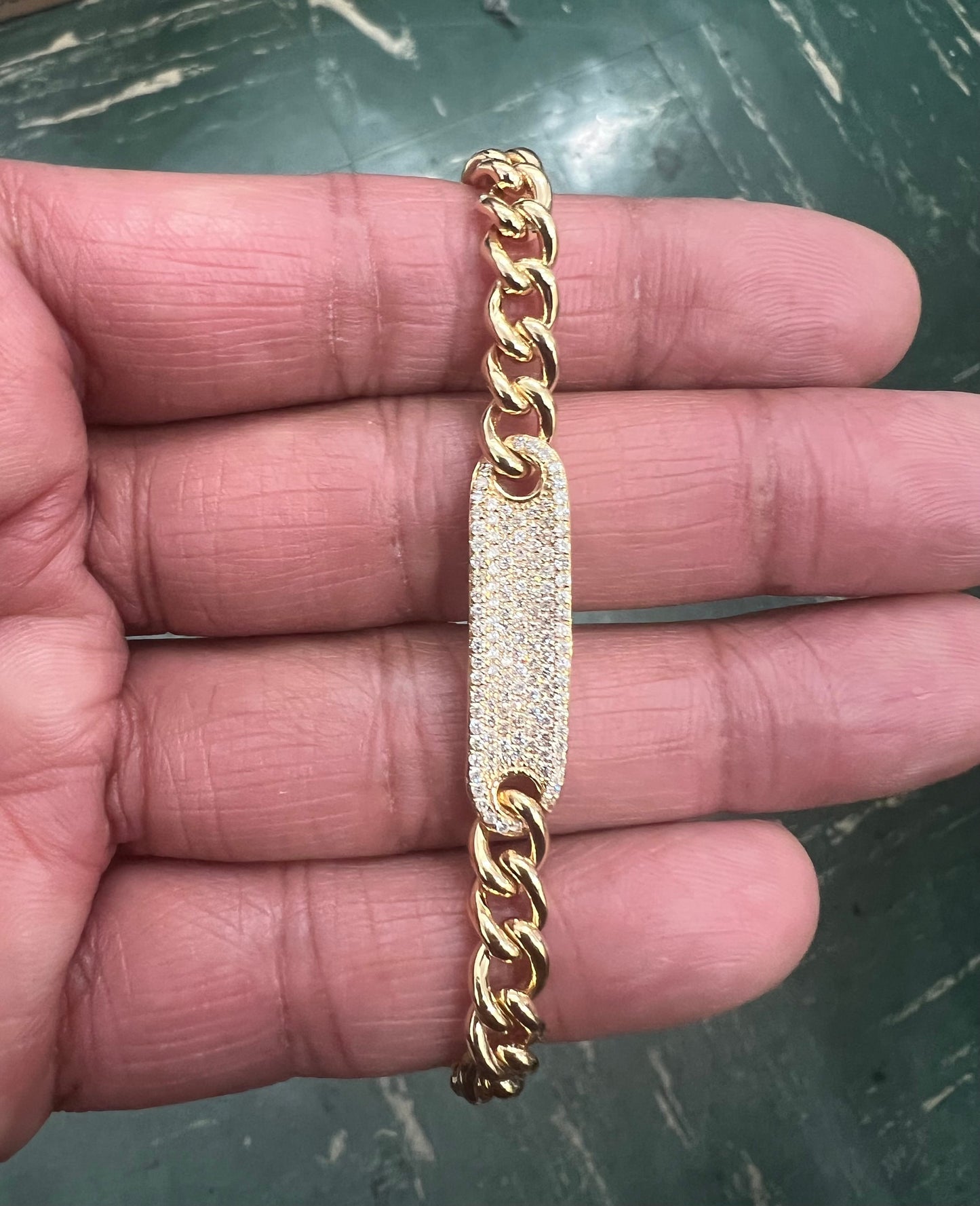 14k Gold Curb Link Diamond Pave Bracelet/ 6MM Cuban Chain Bracelet / Diamond ID Bracelet / Diamond Bar Bracelet for women
