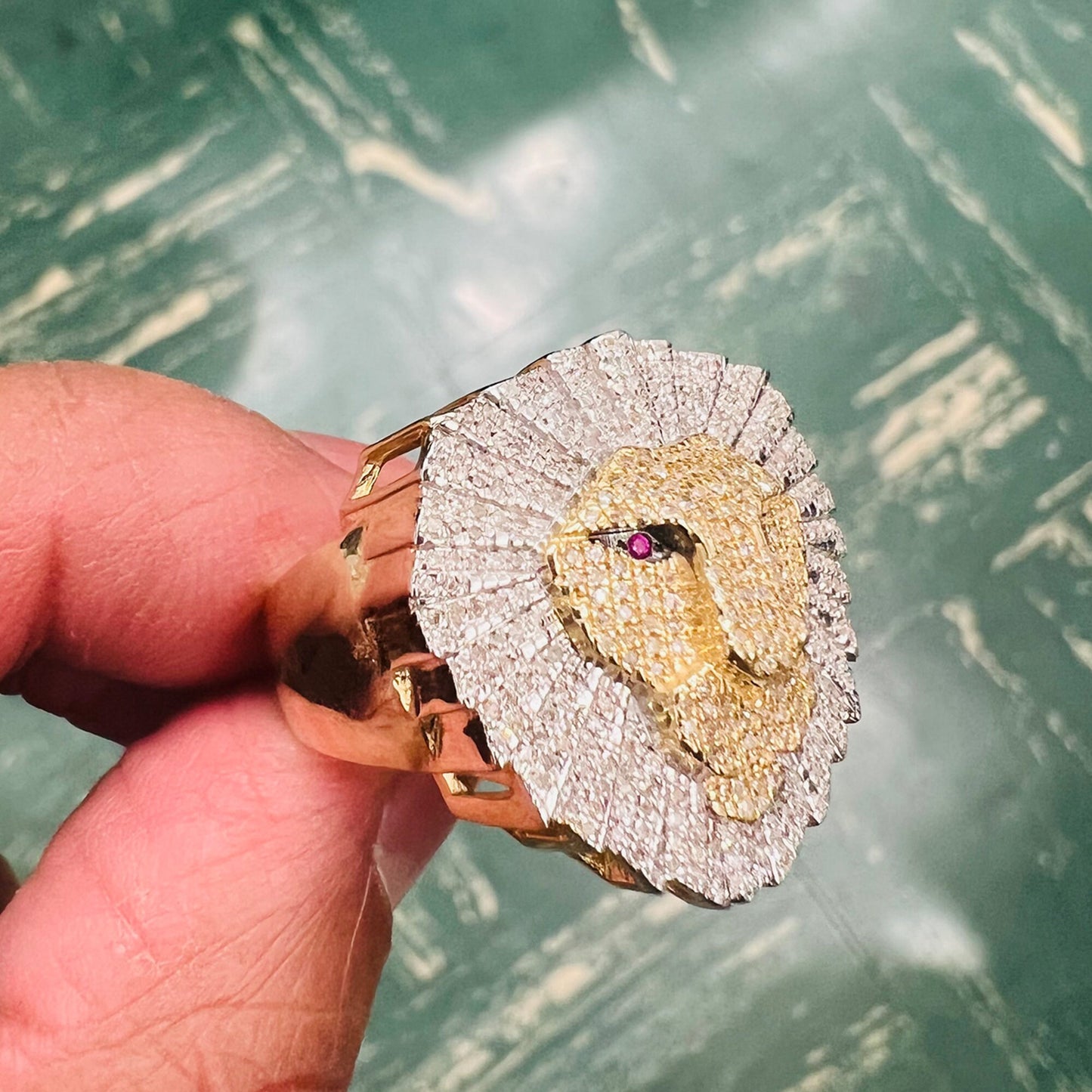 10K Yellow Gold 0.61Ct Diamond Lion Face Mens Ring -9.49 Gram, Lion Face Mens Ring. Hip hop Rings