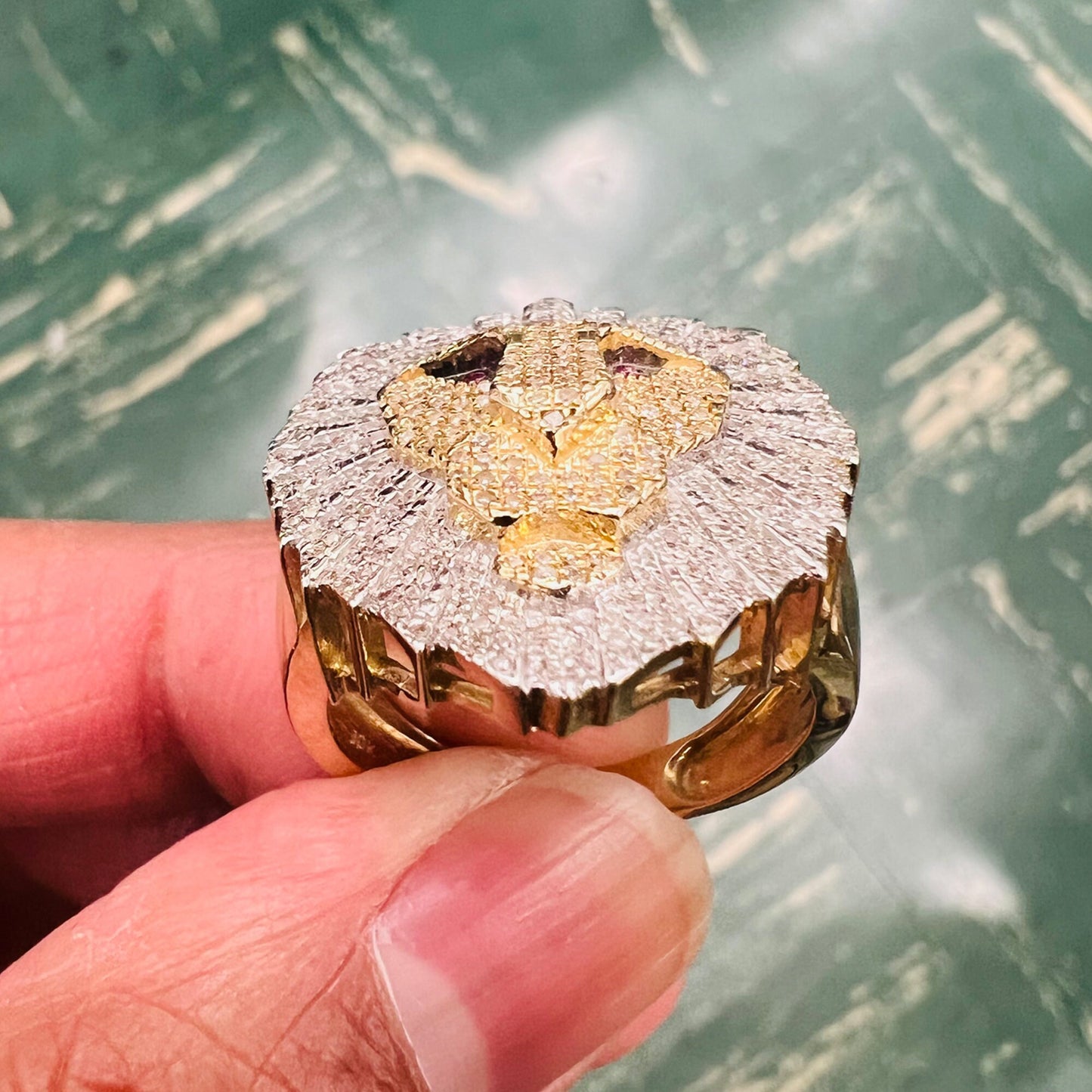 10K Yellow Gold 0.61Ct Diamond Lion Face Mens Ring -9.49 Gram, Lion Face Mens Ring. Hip hop Rings
