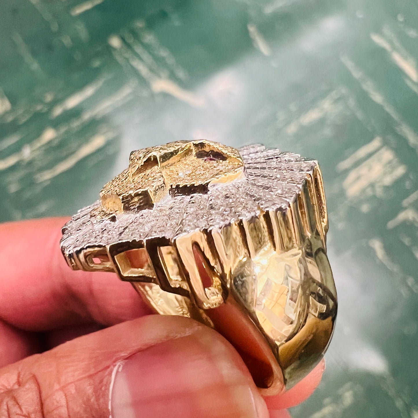 10K Yellow Gold 0.61Ct Diamond Lion Face Mens Ring -9.49 Gram, Lion Face Mens Ring. Hip hop Rings