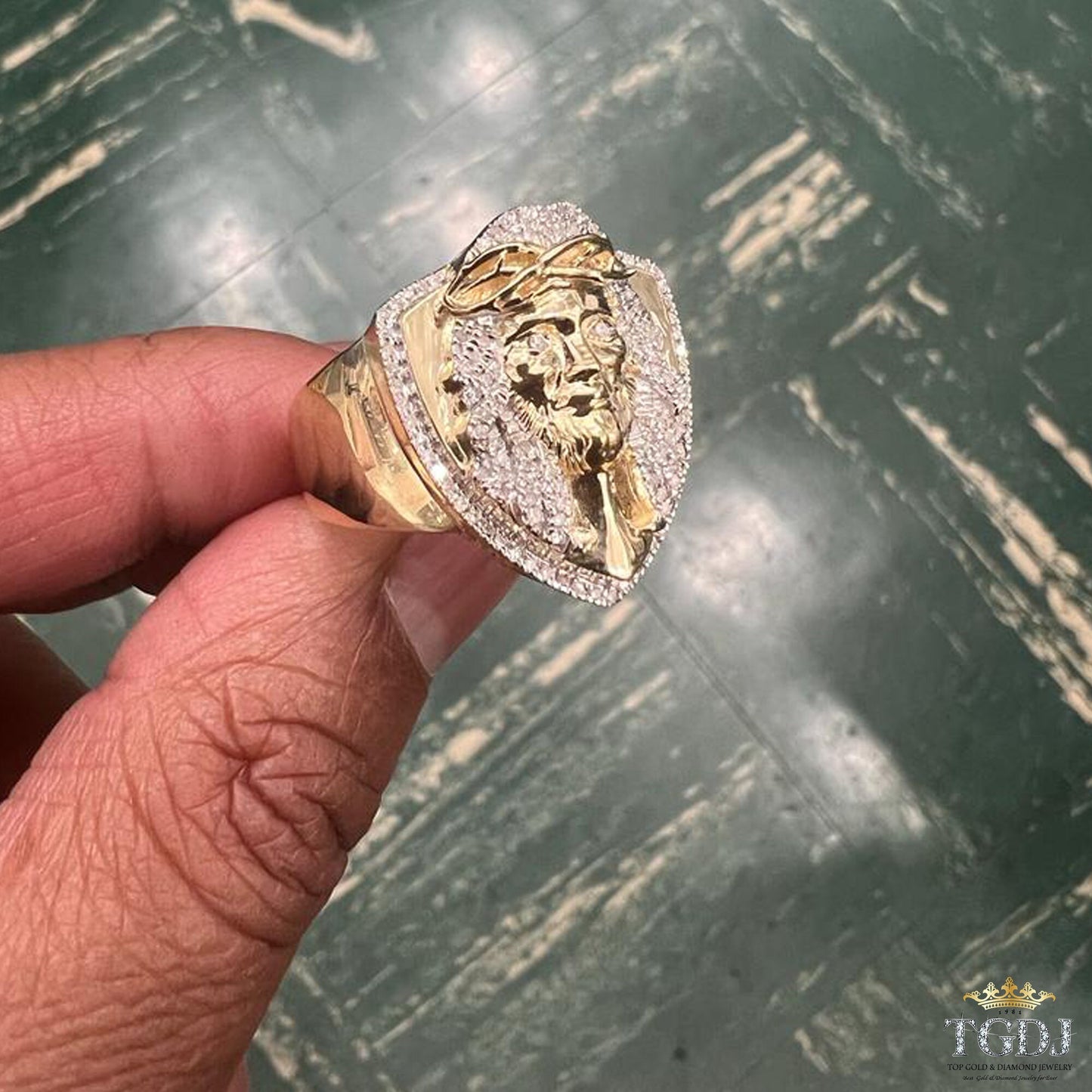 10k Yellow Gold Signet Christ Jesus 0.24 ct Diamond Mens Ring , Christian ,Christian Gift Jewelry ,Religious Relief Jesus Gift Mens Rings