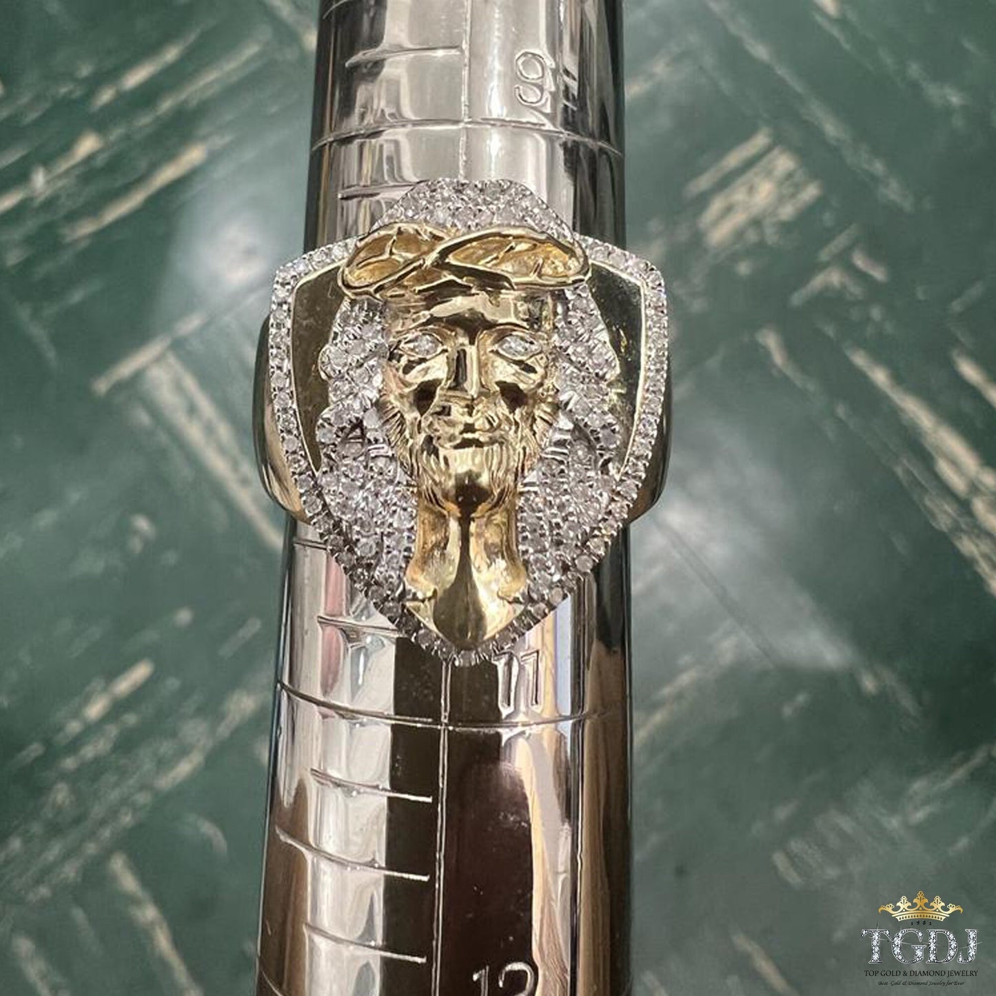 10k Yellow Gold Signet Christ Jesus 0.24 ct Diamond Mens Ring , Christian ,Christian Gift Jewelry ,Religious Relief Jesus Gift Mens Rings