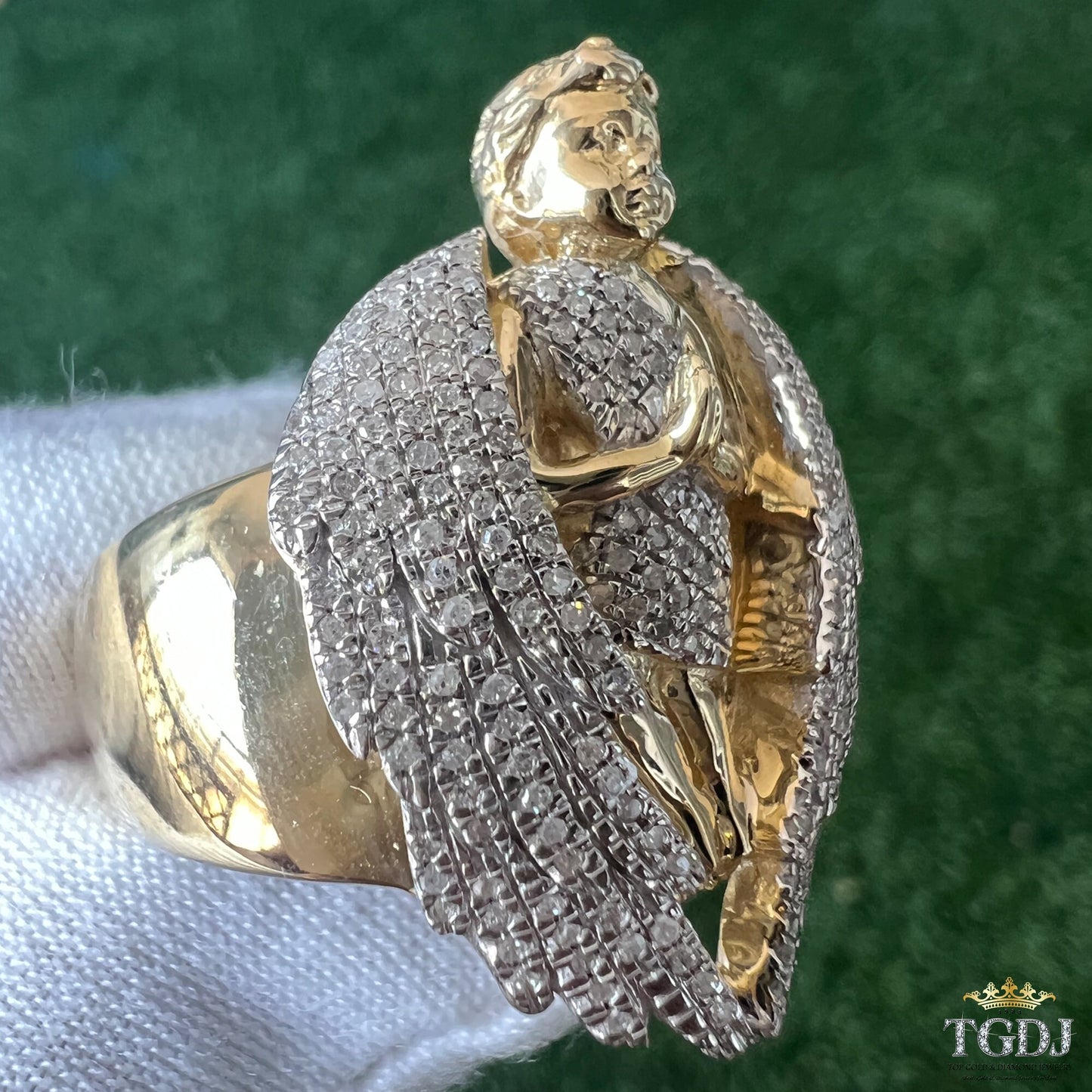 10K Solid Yellow Gold Diamond Ring for Men, Praying Angel Band Ring, Angel Signet Mens Ring, Praying Angel Ring, Statement Ring Gift for Him
