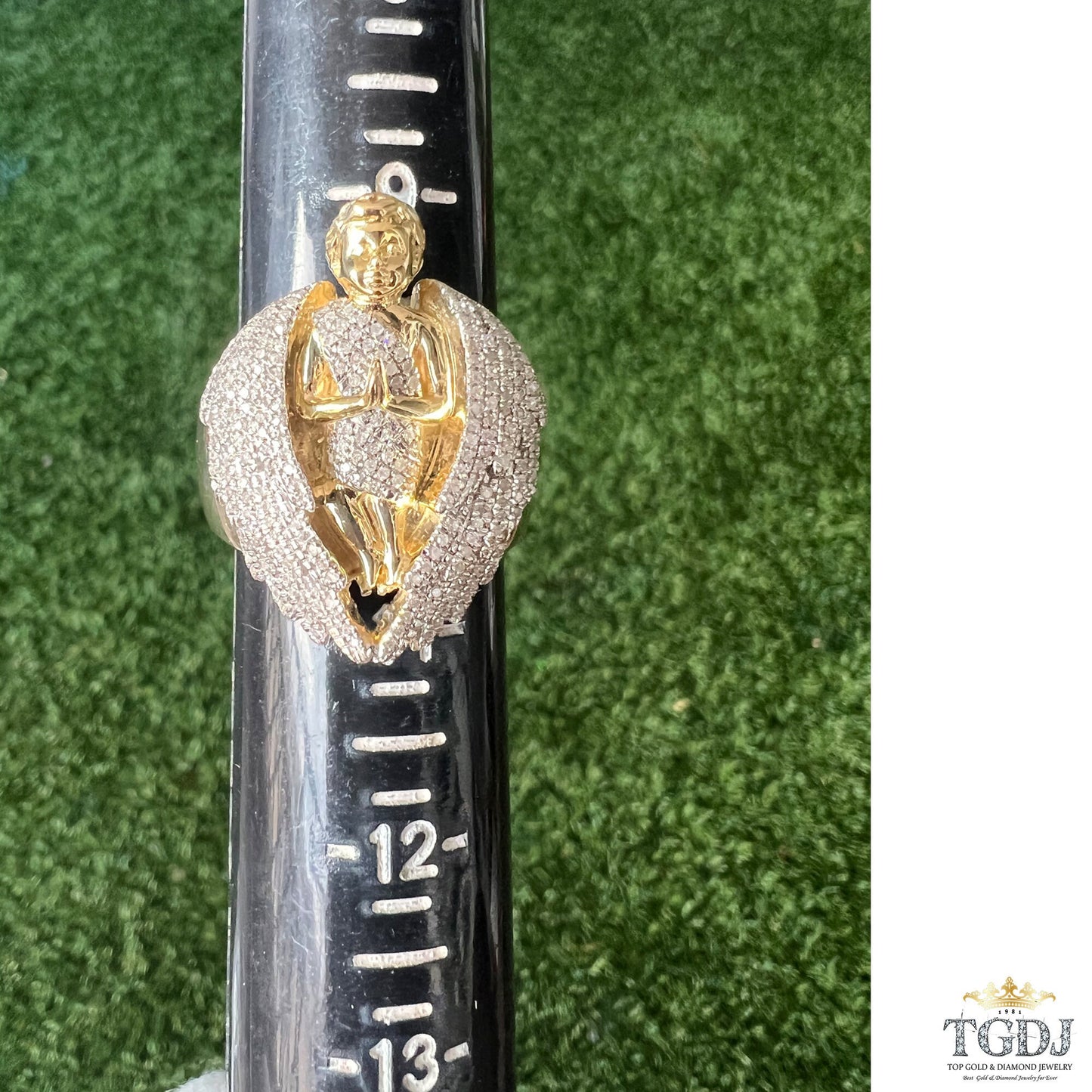 10K Solid Yellow Gold Diamond Ring for Men, Praying Angel Band Ring, Angel Signet Mens Ring, Praying Angel Ring, Statement Ring Gift for Him