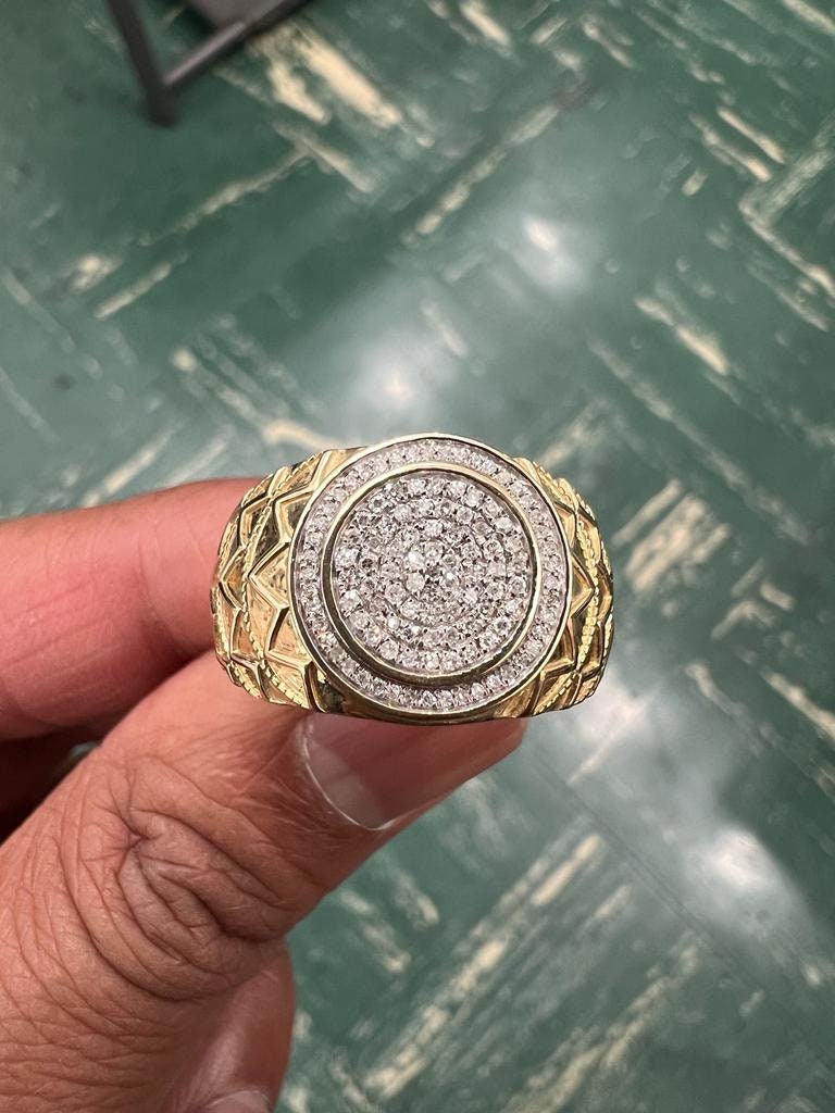 10K Yellow Gold Hip Hop Diamond Men's Ring Super Iced Out Large Round Simulated Real Diamond Ring Band 0.35Ct 5.47 Grams Size 10