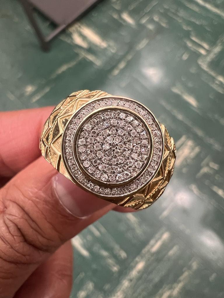 10K Yellow Gold Hip Hop Diamond Men's Ring Super Iced Out Large Round Simulated Real Diamond Ring Band 0.35Ct 5.47 Grams Size 10