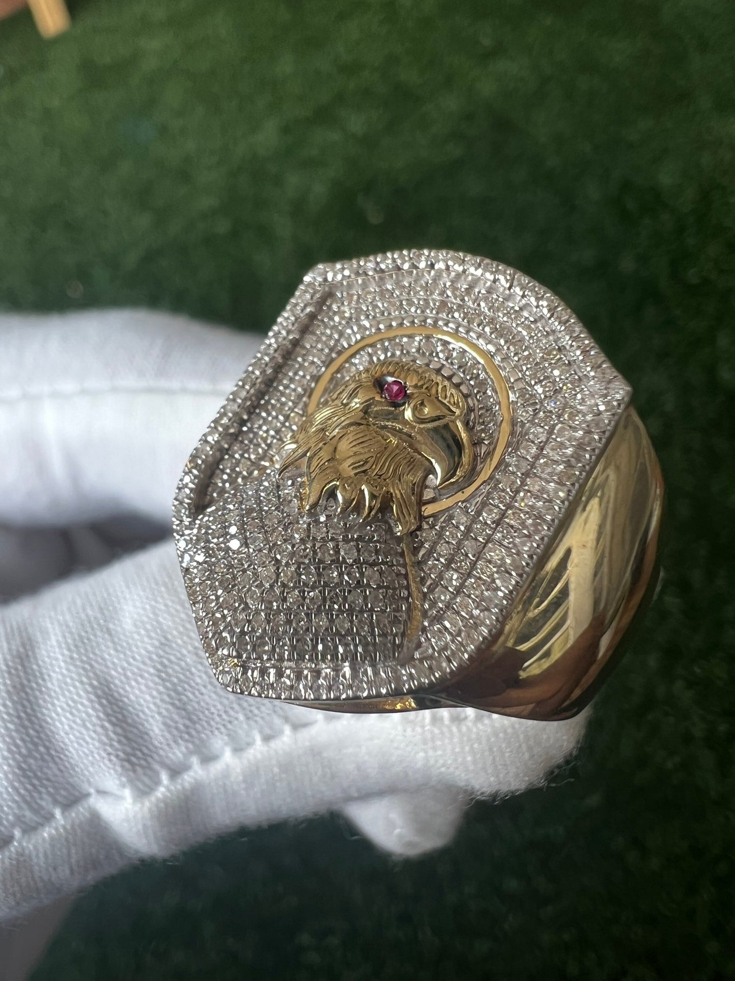 10K Yellow Gold Eagle Finger Ring for Men, Diamond Mens Ring, Eagle Signet Ring, Animal Real Diamond Ring, Eagle Head Finger Ring, 8.3 Gram