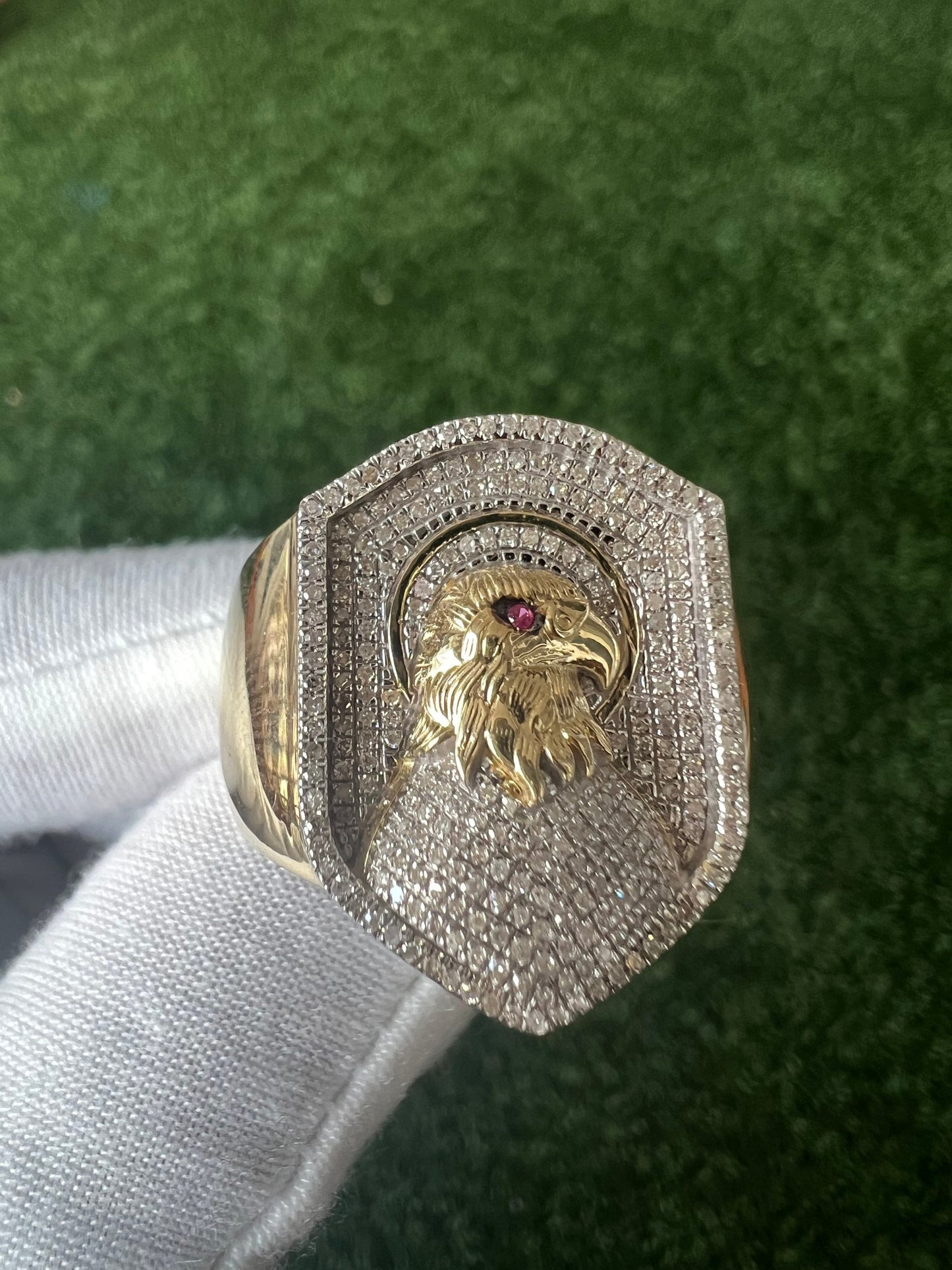 10K Yellow Gold Eagle Finger Ring for Men, Diamond Mens Ring, Eagle Signet Ring, Animal Real Diamond Ring, Eagle Head Finger Ring, 8.3 Gram