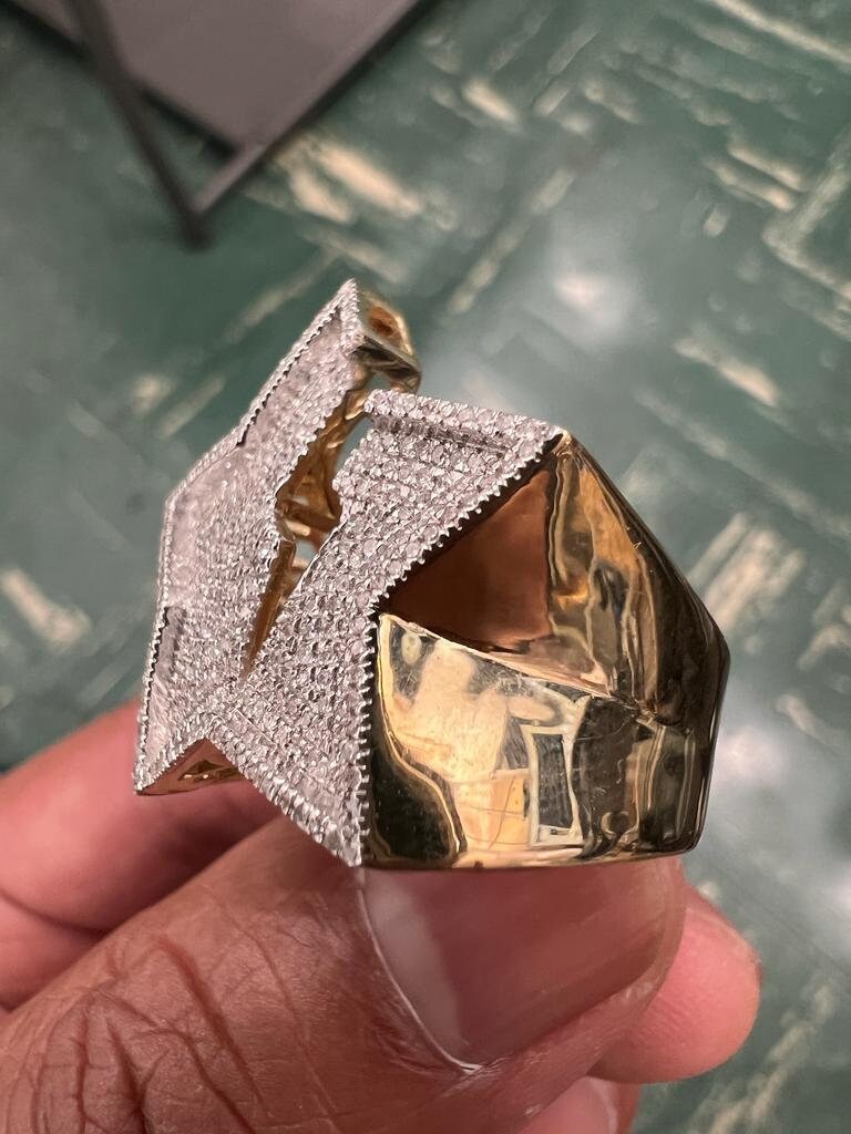 0.46Ct Diamond Star Ring, Mens 10k Yellow Gold Starburst Ring, Iced Out Star Ring, Unisex Ring 8.62 Grams, Pinky Ring, Mens Hip Hop Ring