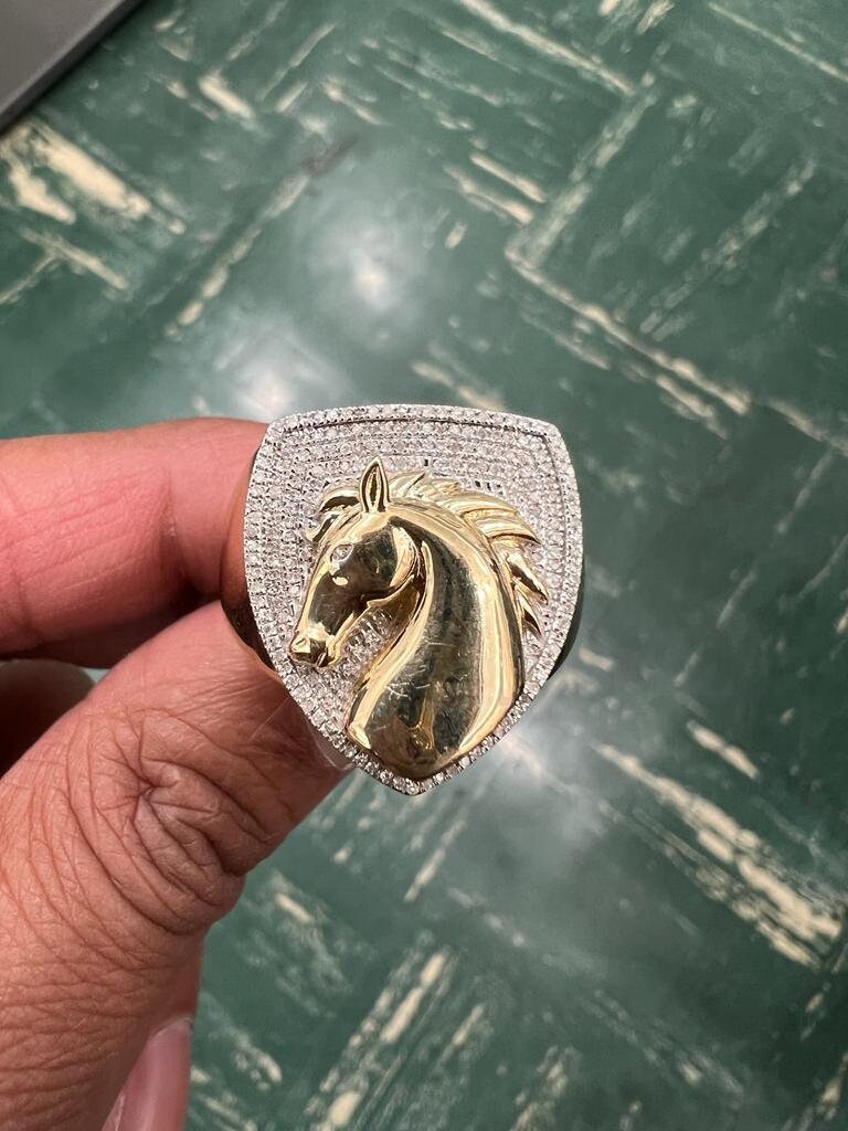 10k Gold Diamond Horse Ring, Mans Diamond Horse Ring, 0.30CT Diamond Ring Hip Hop Diamond Ring, Horse Ring 9.22 Grams, Gift for Him, Size 10