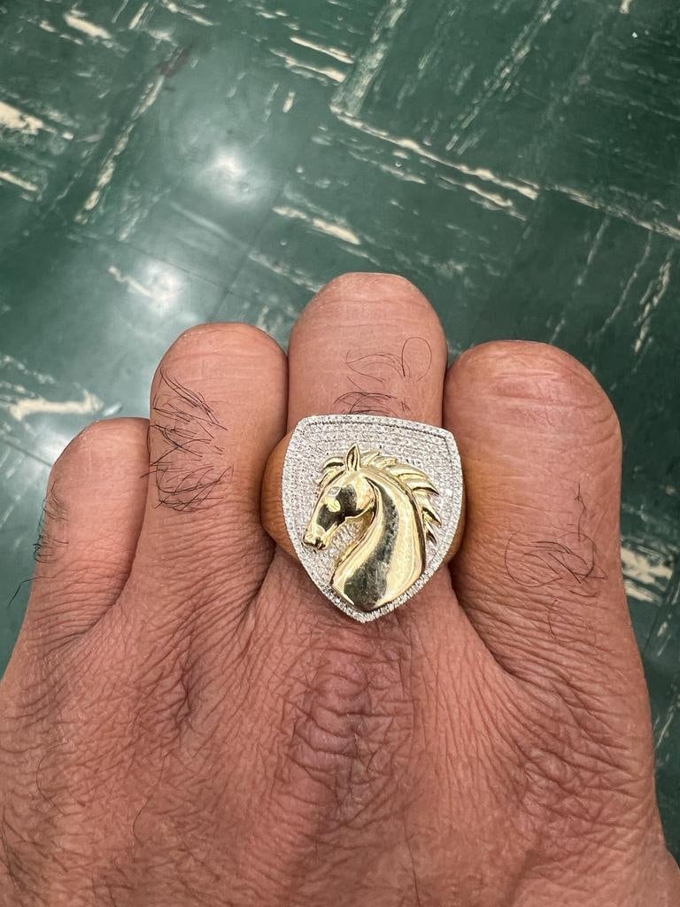 10k Gold Diamond Horse Ring, Mans Diamond Horse Ring, 0.30CT Diamond Ring Hip Hop Diamond Ring, Horse Ring 9.22 Grams, Gift for Him, Size 10