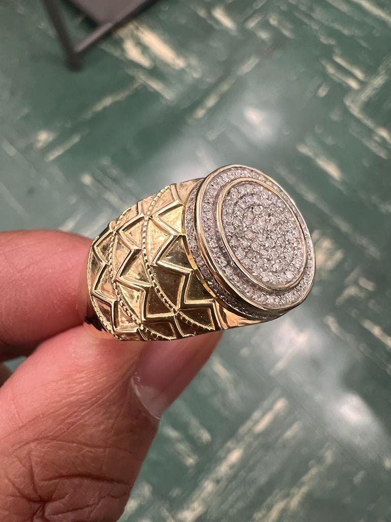 10K Yellow Gold Hip Hop Diamond Men's Ring Super Iced Out Large Round Simulated Real Diamond Ring Band 0.35Ct 5.47 Grams Size 10