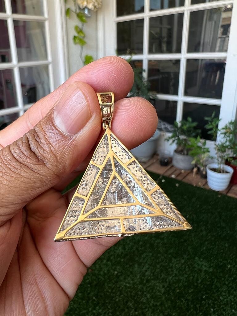 Real Genuine Authentic .70 CT Diamond Pharaoh in Pyramid pendant, 10K Yellow Gold Charm Pendant, Hip Hop Jewelry, Rapper Pendant, Unisex