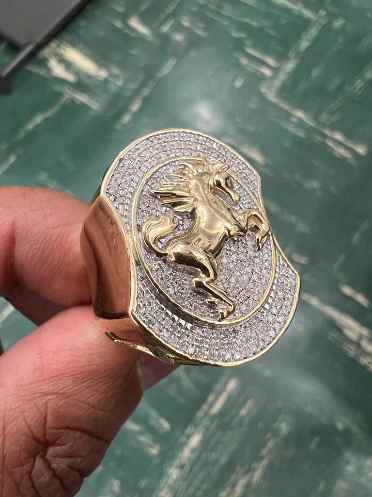 10K Yellow Gold Diamond Horse Ring for Men, Real Diamond 0.35 CT, Men's , Hip Hop Ring 10.23 Grams, Jumping Horse Diamond Ring, Size - 10
