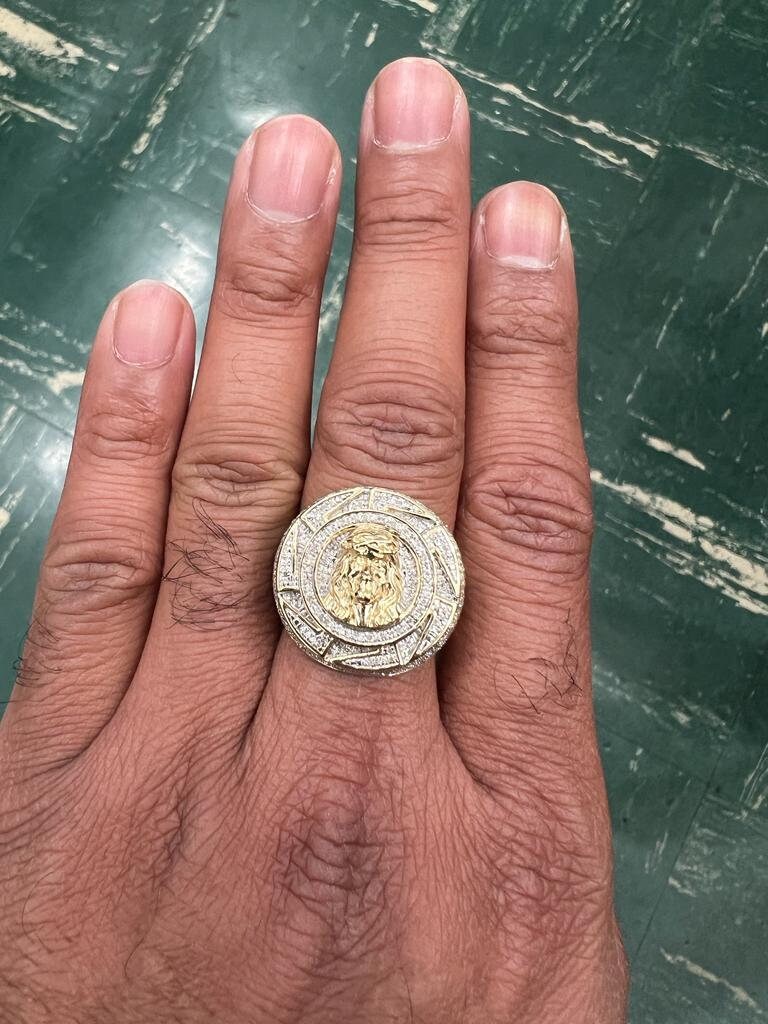 10k Solid Yellow Gold Diamond Jesus Head Face Men's Rings, Religious Faith Inspiration Jesus Mens Diamond Ring 1.02ct 12.58 Grams Size 10