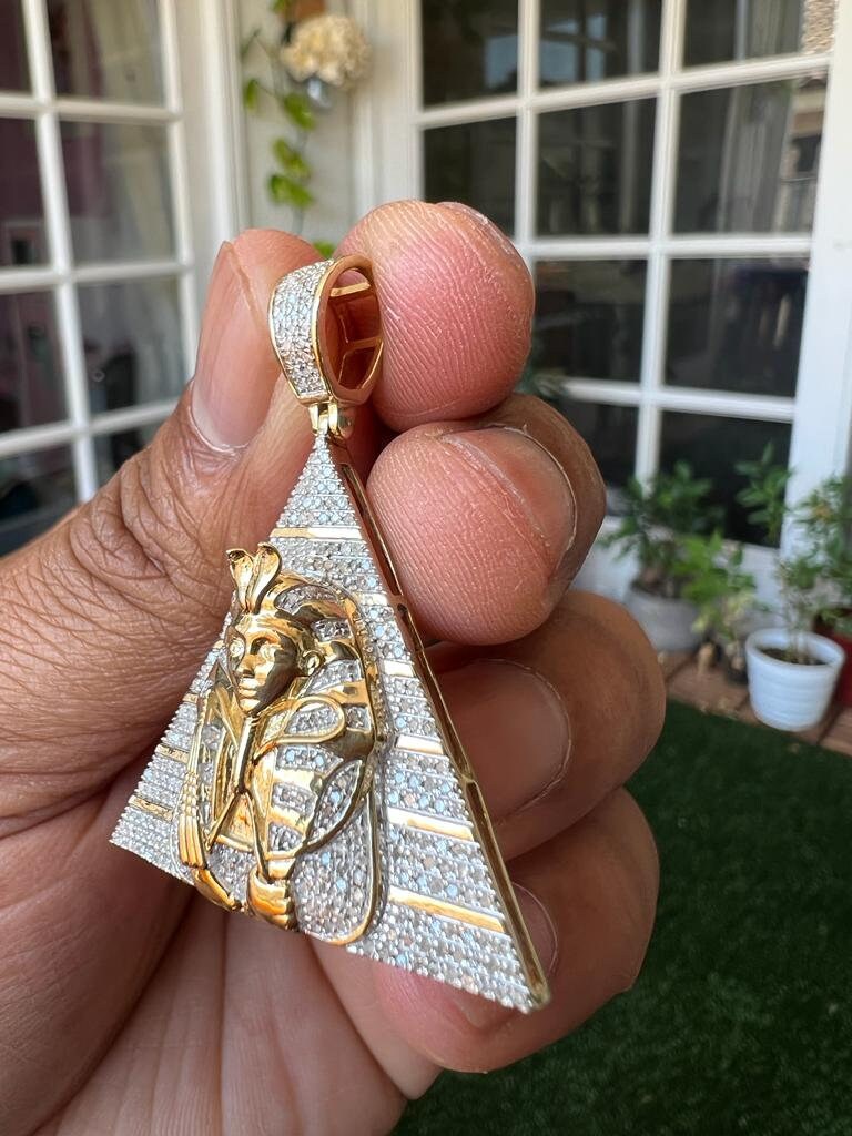 Real Genuine Authentic .70 CT Diamond Pharaoh in Pyramid pendant, 10K Yellow Gold Charm Pendant, Hip Hop Jewelry, Rapper Pendant, Unisex